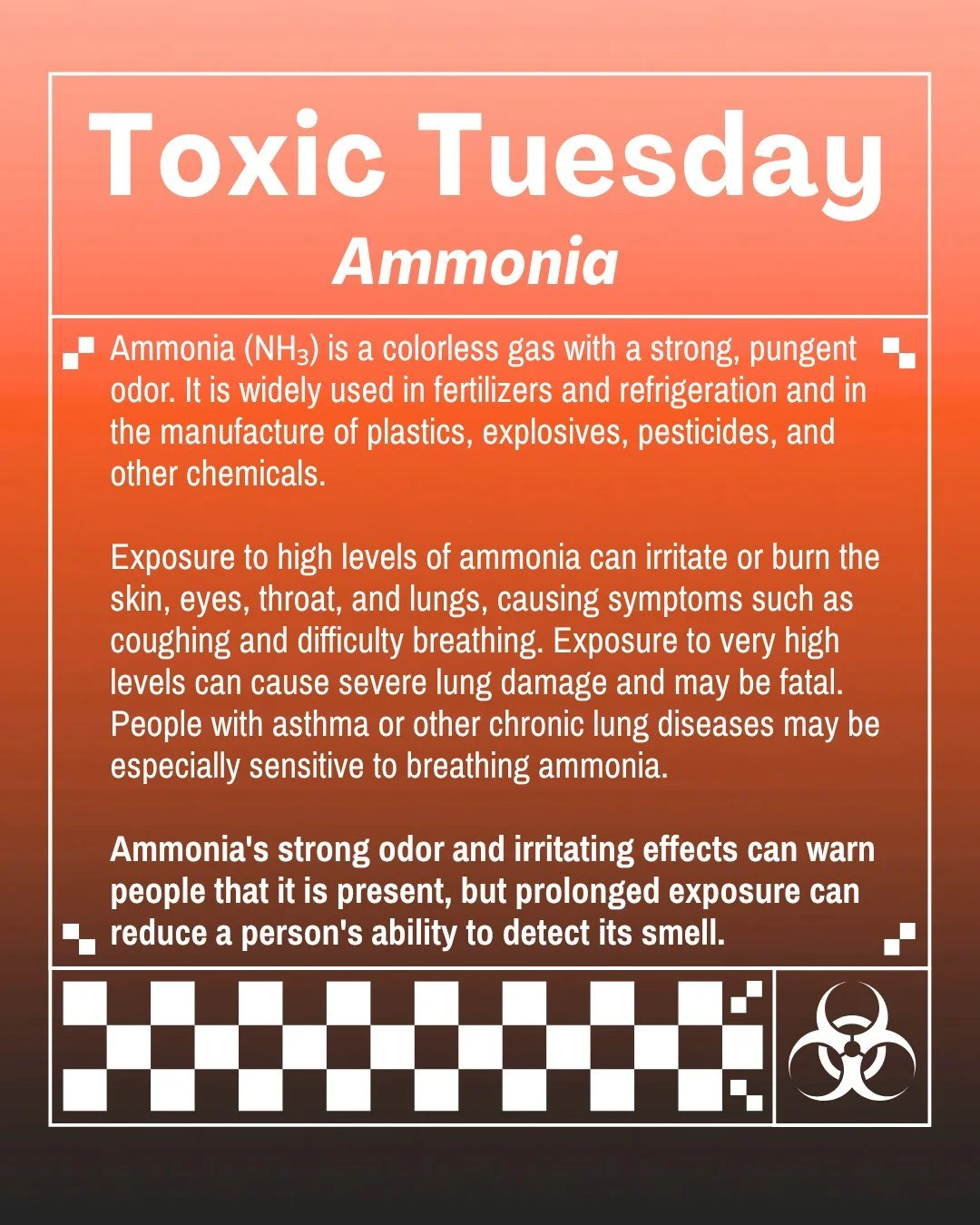 This #ToxicTuesday, let&rsquo;s talk about ammonia, a colorless gas with a strong, pungent odor that dissolves easily in water.

One form is anhydrous #ammonia, which is essentially pure ammonia without water. It is commonly used as fertilizer on far
