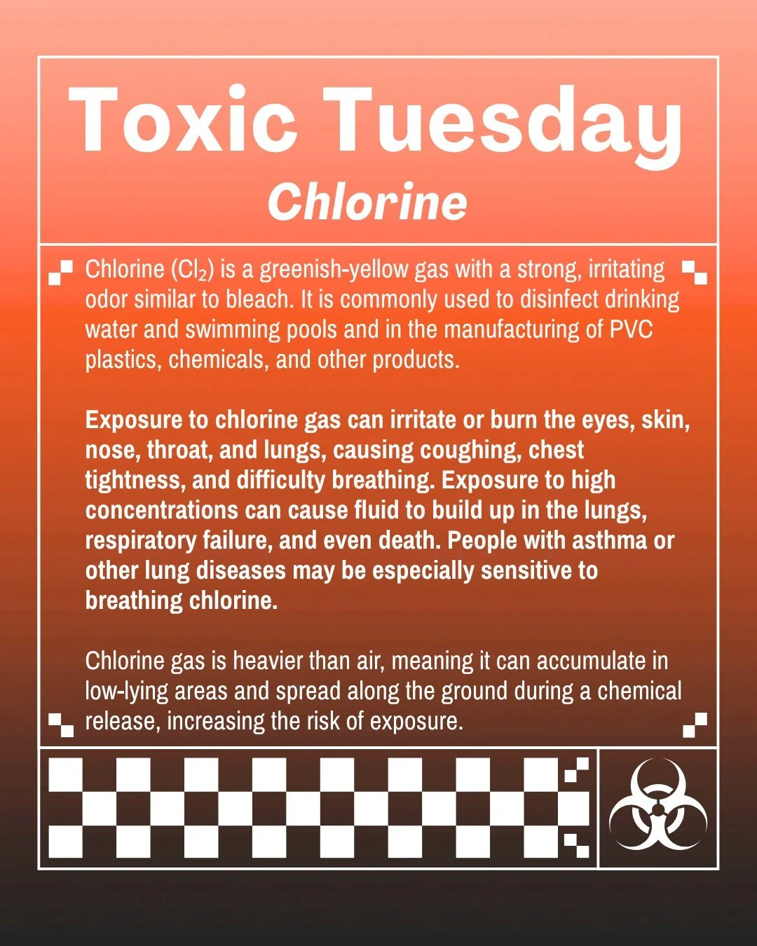 This #ToxicTuesday, we're talking  about #chlorine, a greenish-yellow gas with a strong, irritating odor that is widely used in water treatment and chemical manufacturing.

Chlorine is often transported and stored as a pressurized liquid. If released