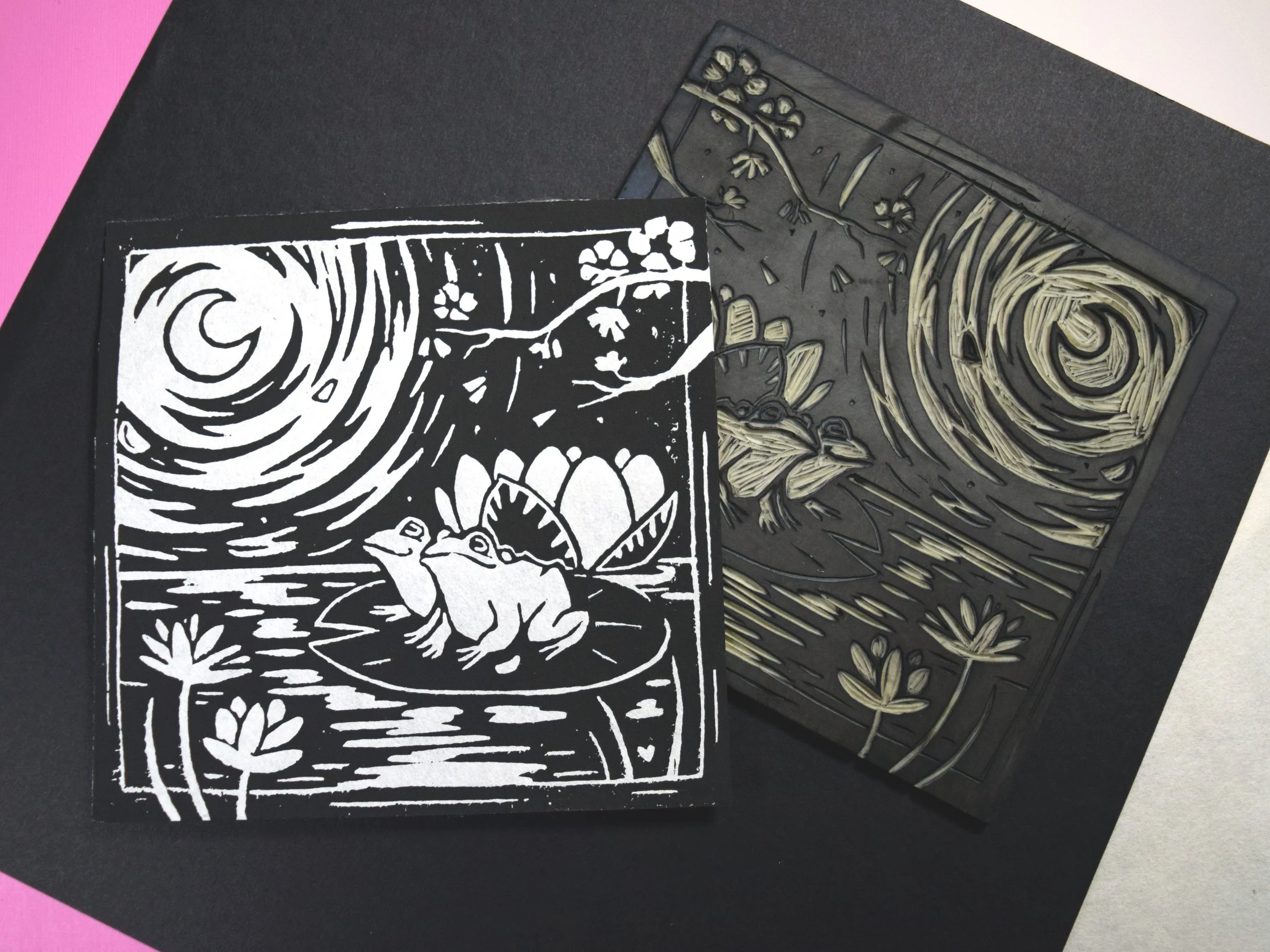 "The Midnight Croaking" Black and White Block Print