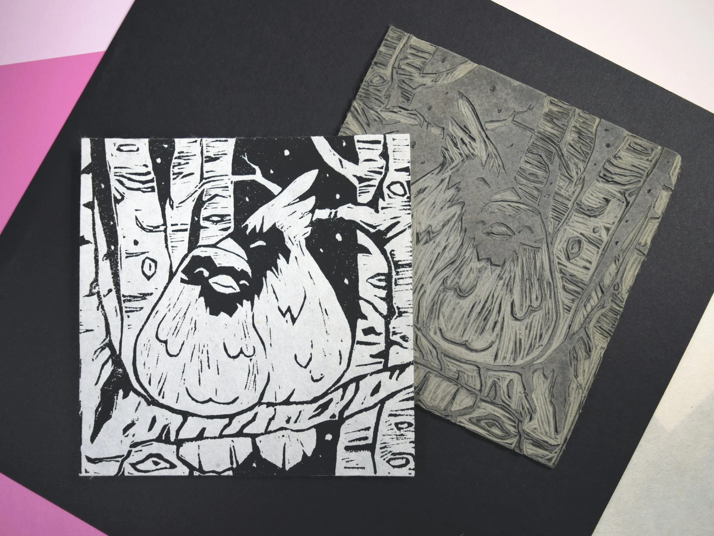"Cozy Cardinals" Black and White Block Print