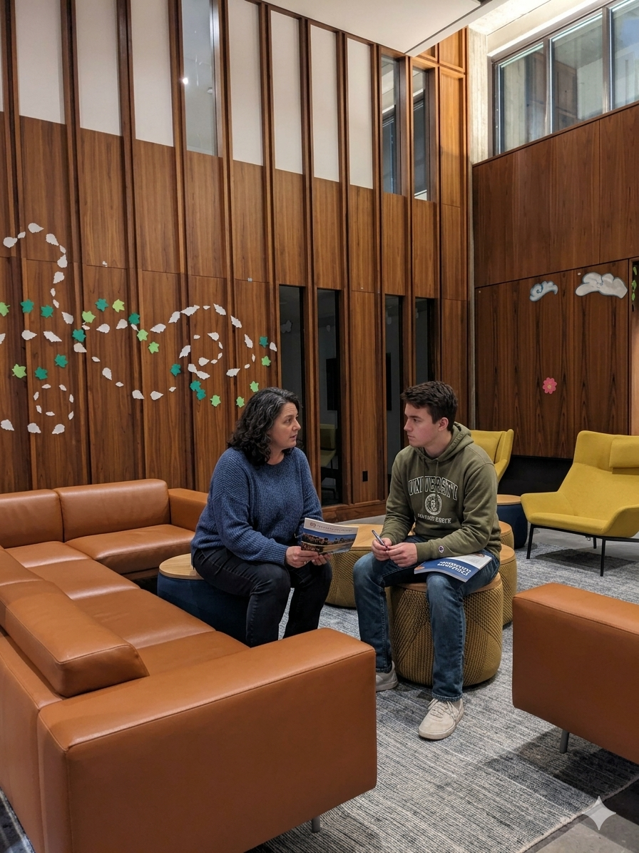 A woman and a young man sitting on a yellow pouf in a modern room, engaged in a conversation. The room has wood-paneled walls with cloud and leaf decorations, and large windows.