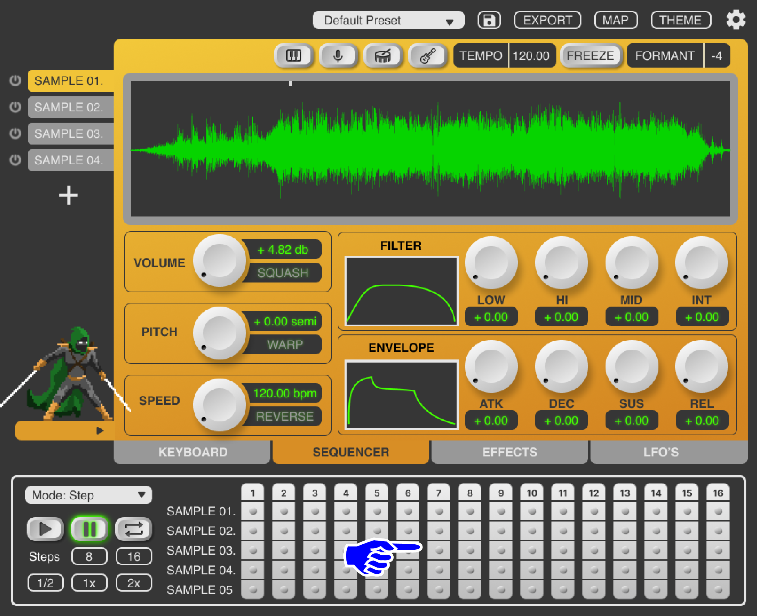This display gives real-time visual feedback to users as they create patterns using the multi-sampler, eliminating the need for users to switch views between their DAW and the plugin.