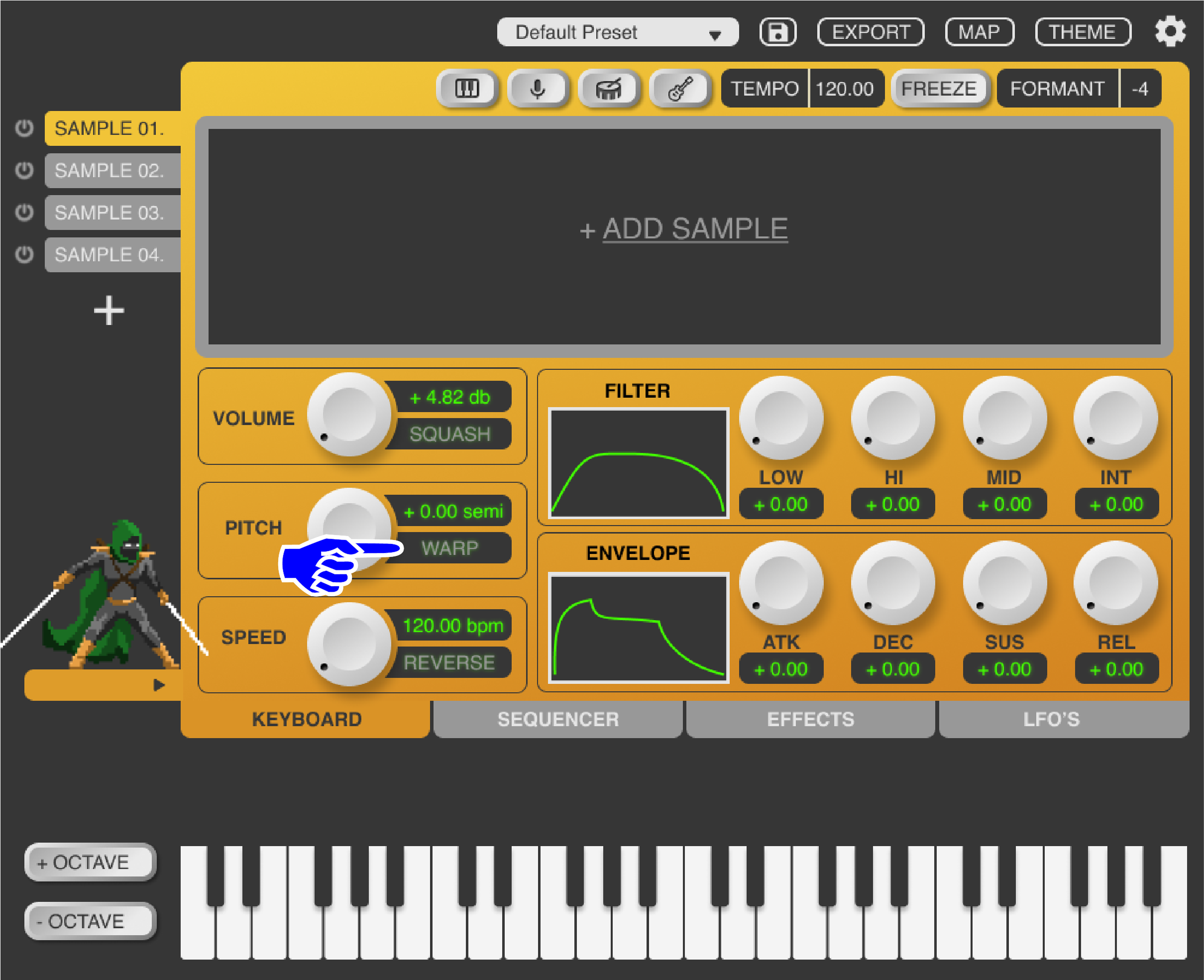 The warp button allows users the ability to re-pitch a sample without changing its speed. 