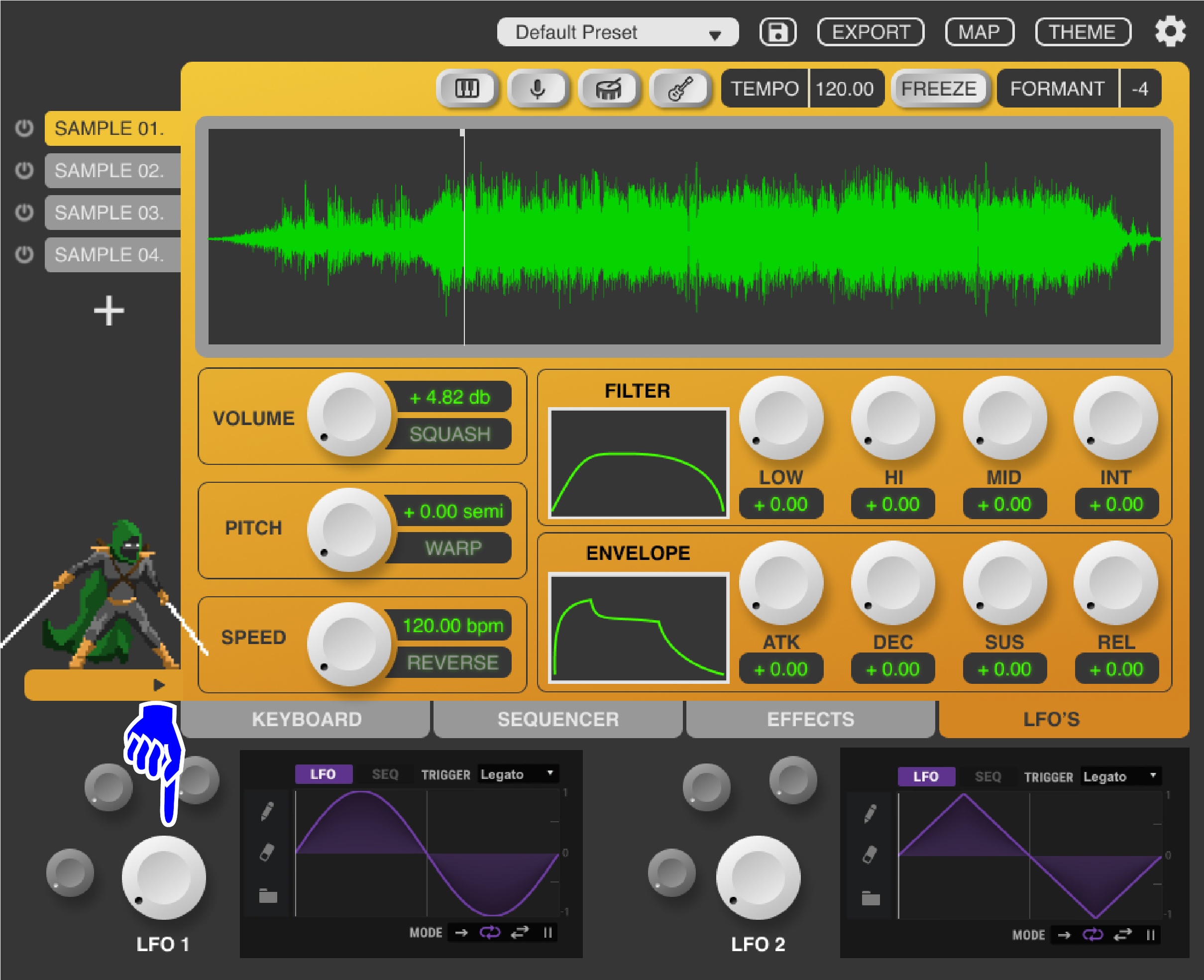 The LFO’s are limited to two and laid out similarly to the effects tab, establishing visual consistency and making the users’ journey through the plugin more intuitive.
