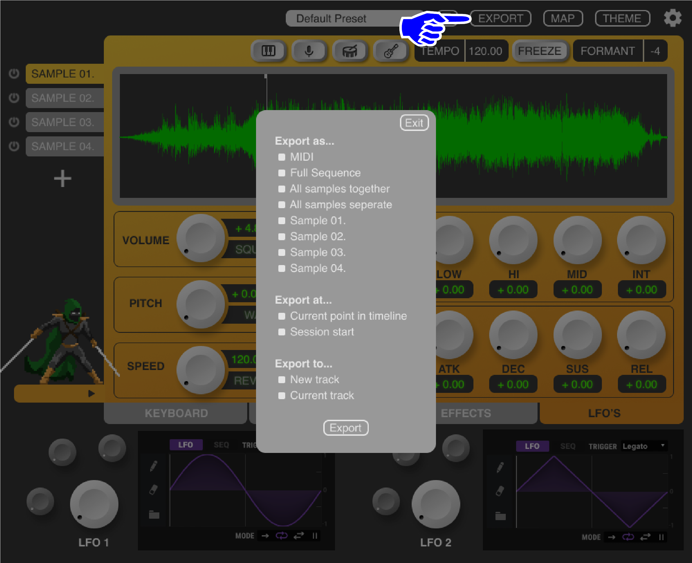 This button opens the “export” pop-up, allowing users to send audio and MIDI data directly back from the plugin into their timeline. Most sampling plugins only function as MIDI controllers, requiring users to manually record audio or MIDI to new trac