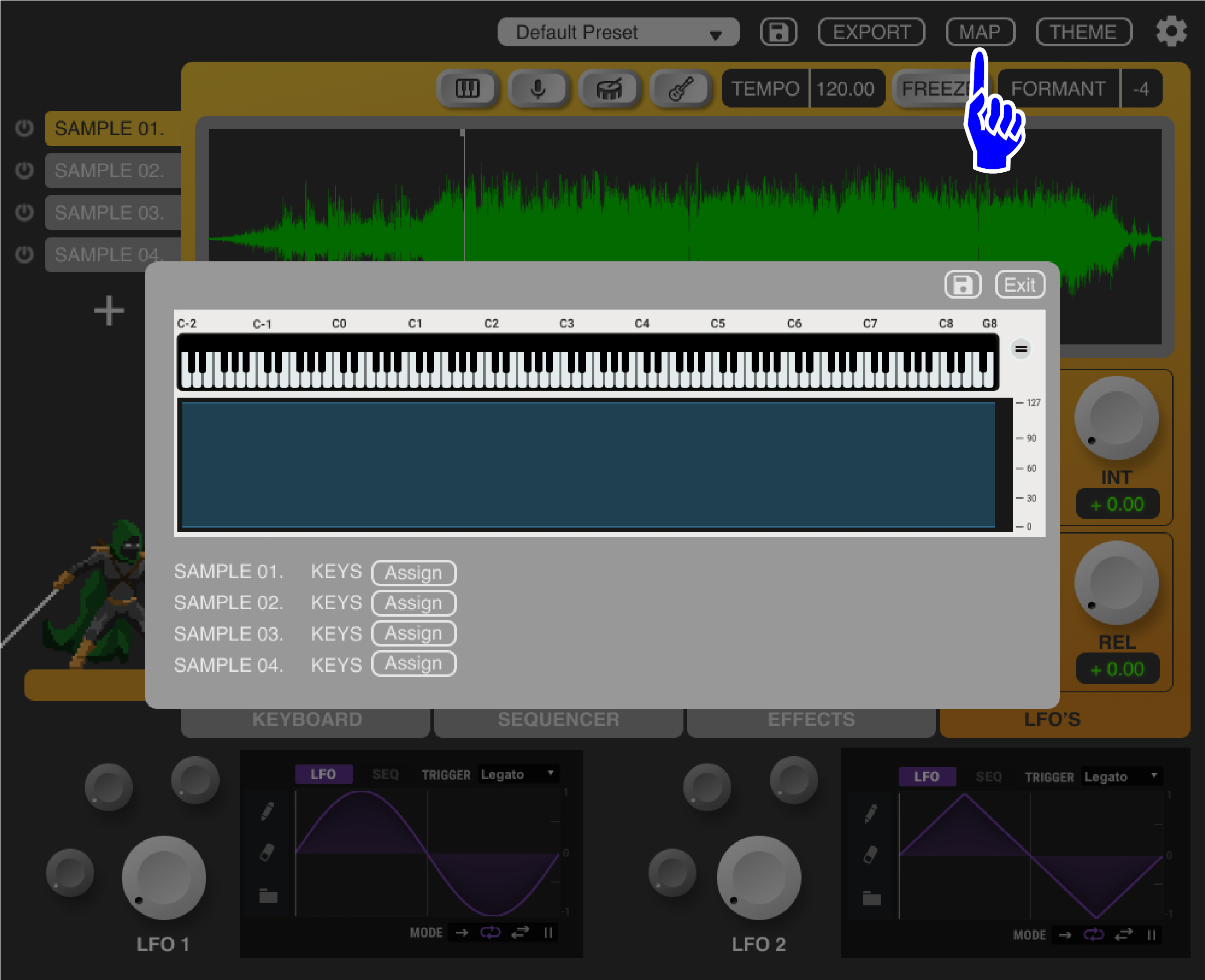 This discrete button opens the “mapping” popup window, which allows individual samples to be mapped to buttons on any MIDI controller connected to the users’ DAW, integrating effortlessly with their current tools. 
