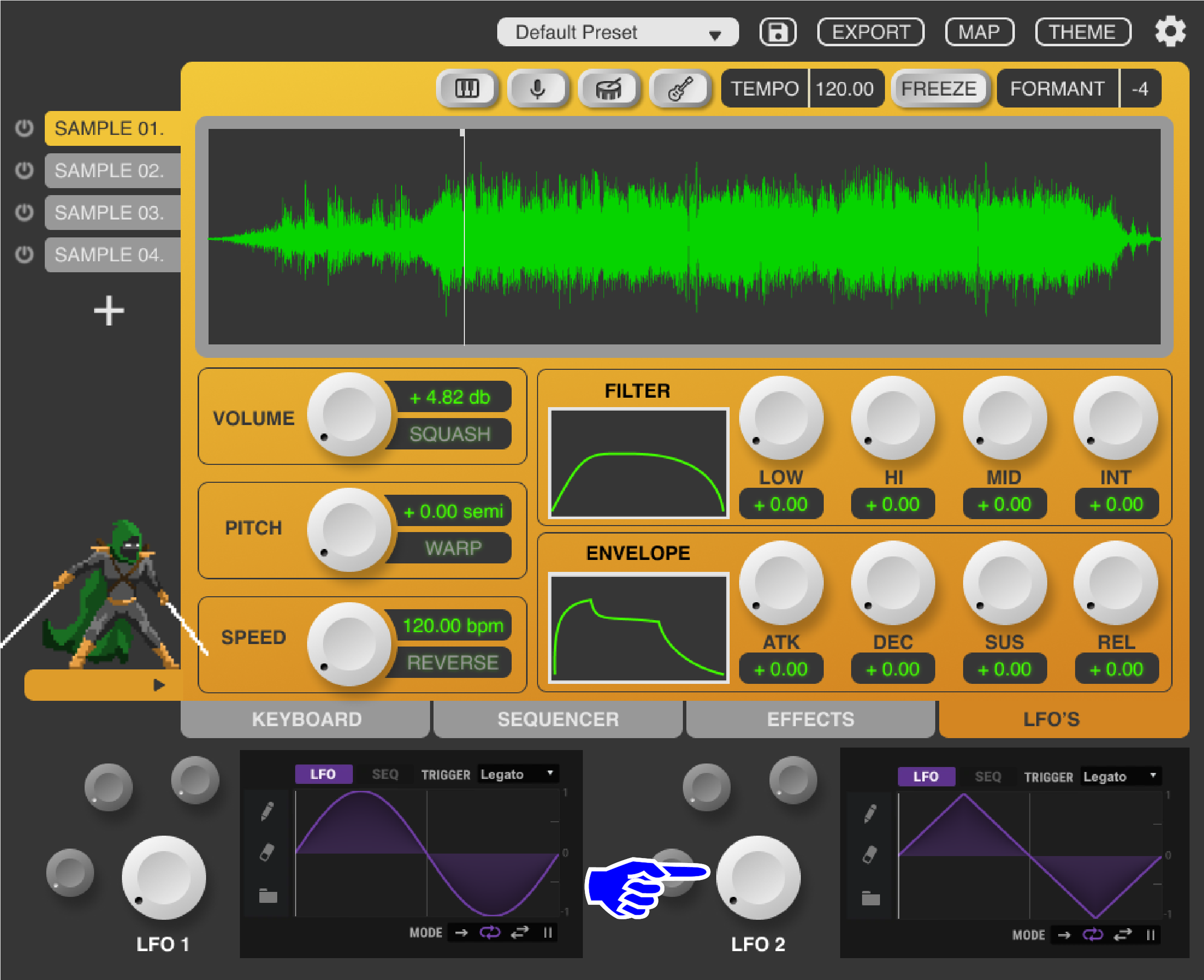 Skeuomorphic knobs and buttons aim to clearly afford their functionality and align with pre-existing mental models from analog music hardware. When activated, these dials emit a faint, colored glow intended to appeal to users aesthetically and enforc
