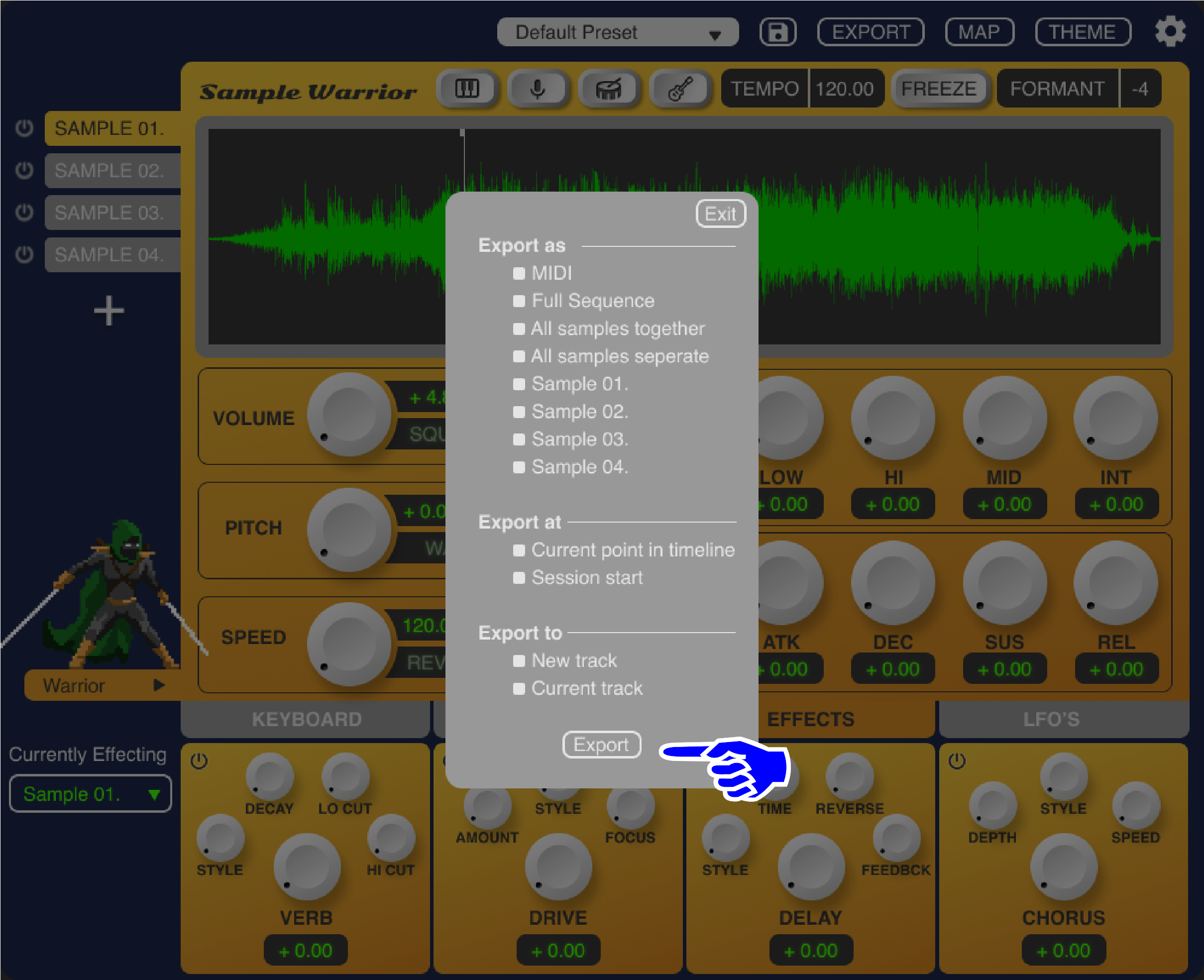 The export button is only pressable once one selection from each category has been filled giving the user feedback and ensuring they fully grasp the export process