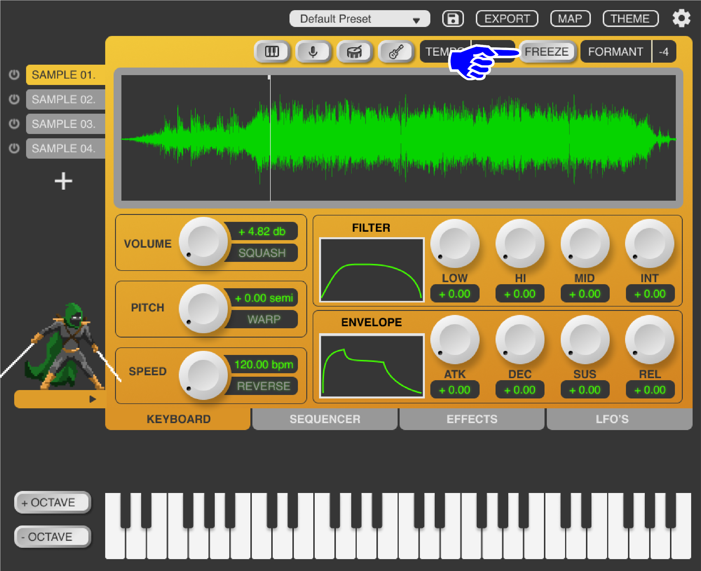 The freeze button infinitely loops playback directly at the playhead, allowing any sound to be transformed into a synthesizer in tandem with the envelopes. This is a unique feature that gives users a ton of flexibility and aims to help generate new i