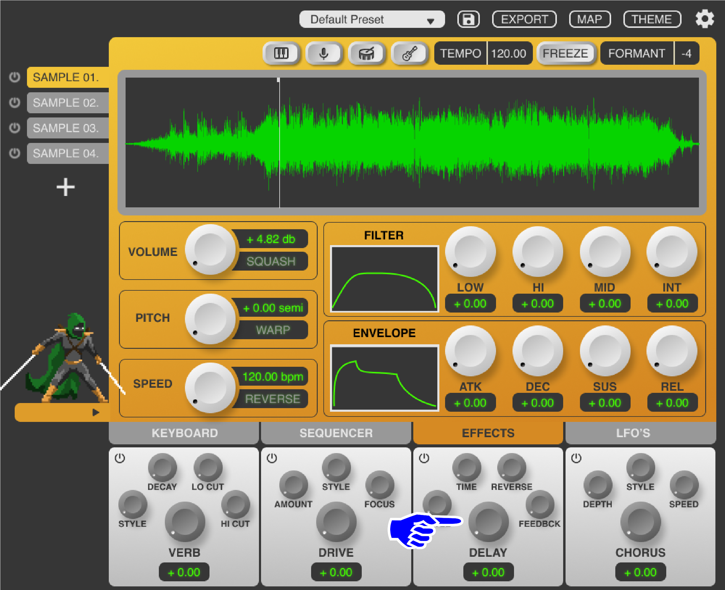 Likewise, the control parameters within each effect are kept to a minimum with a maximum of four parameters per effect.