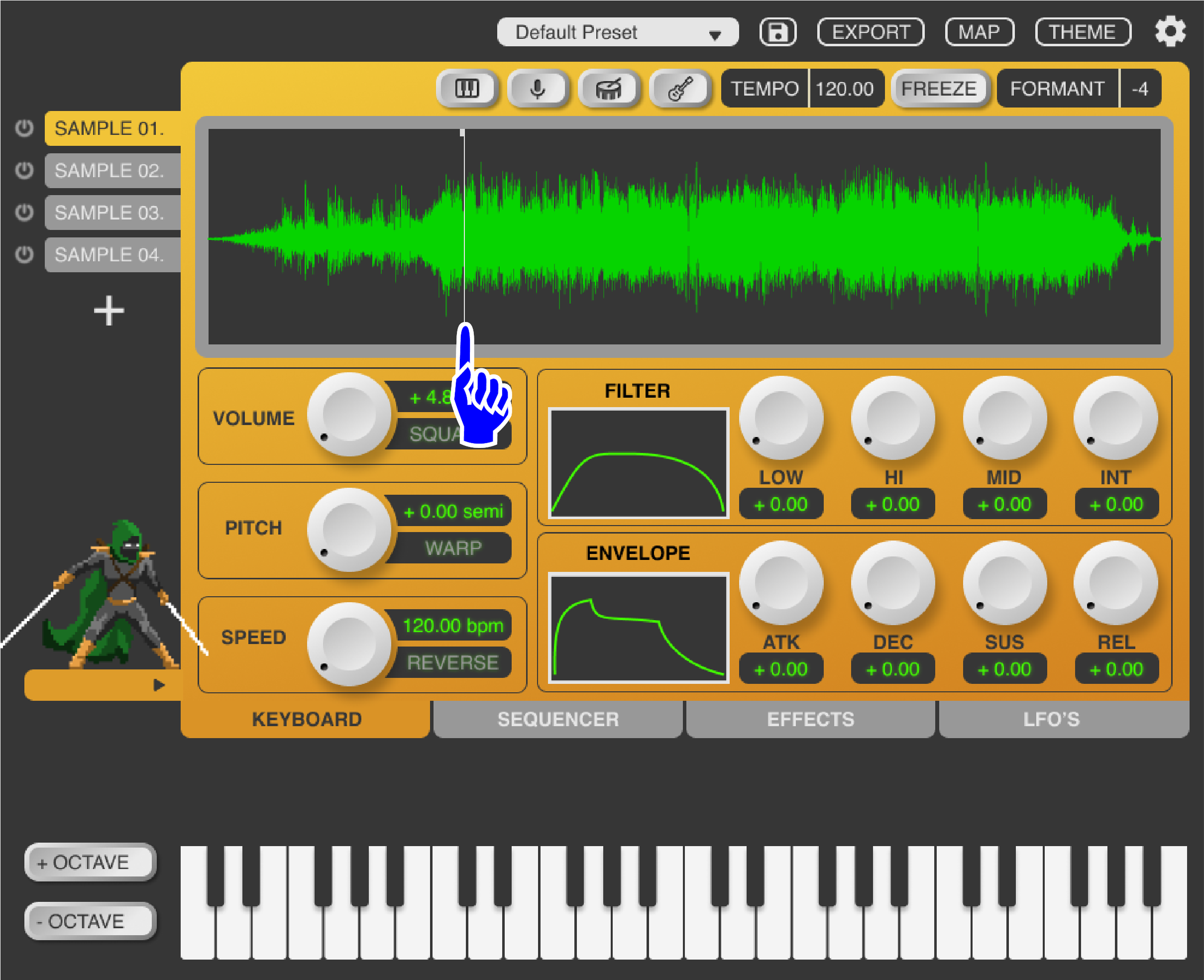 The audio waveform is prominently displayed with simple and efficient playhead tabs to control the start/endpoint of sample playback. The waveform is visually responsive to all parameters on the main page. making editing quicker and more intuitive.