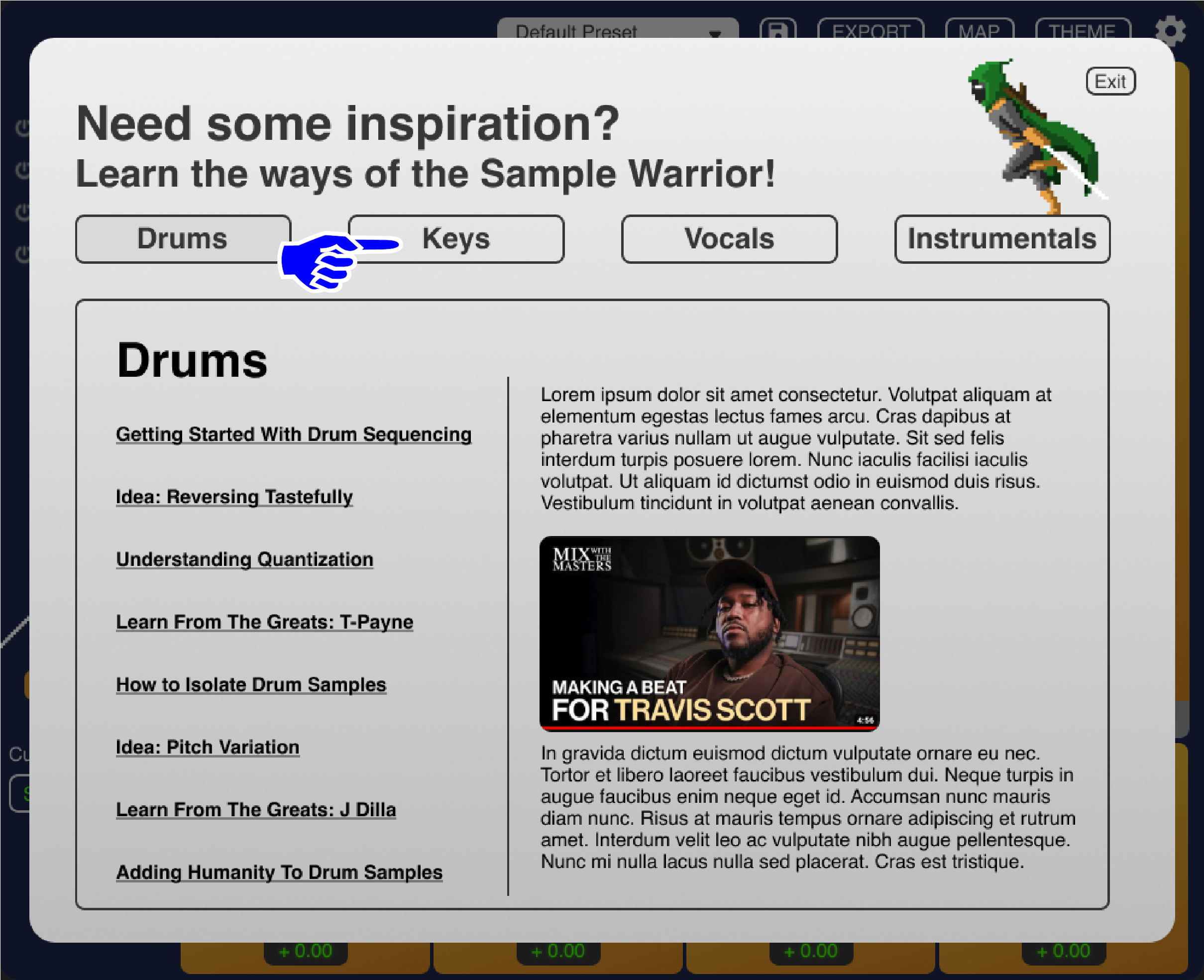 Tabs at the top sort resources by category depending on what the user is interested in exploring/learning about
