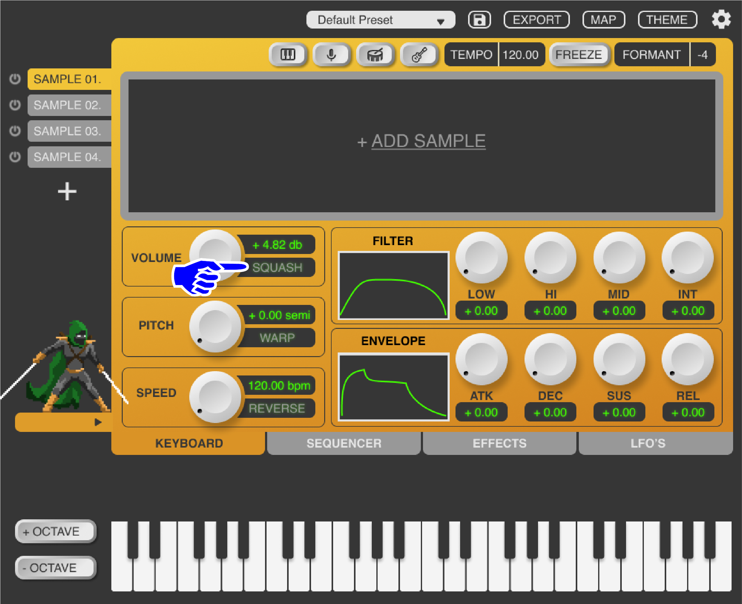 The “Squash” button takes one of the lowest requested features, a compressor, and turns it into a unique and creative element. Rather than including an entire compressor with all its parameters and complexity, this button simply toggles on or off a s