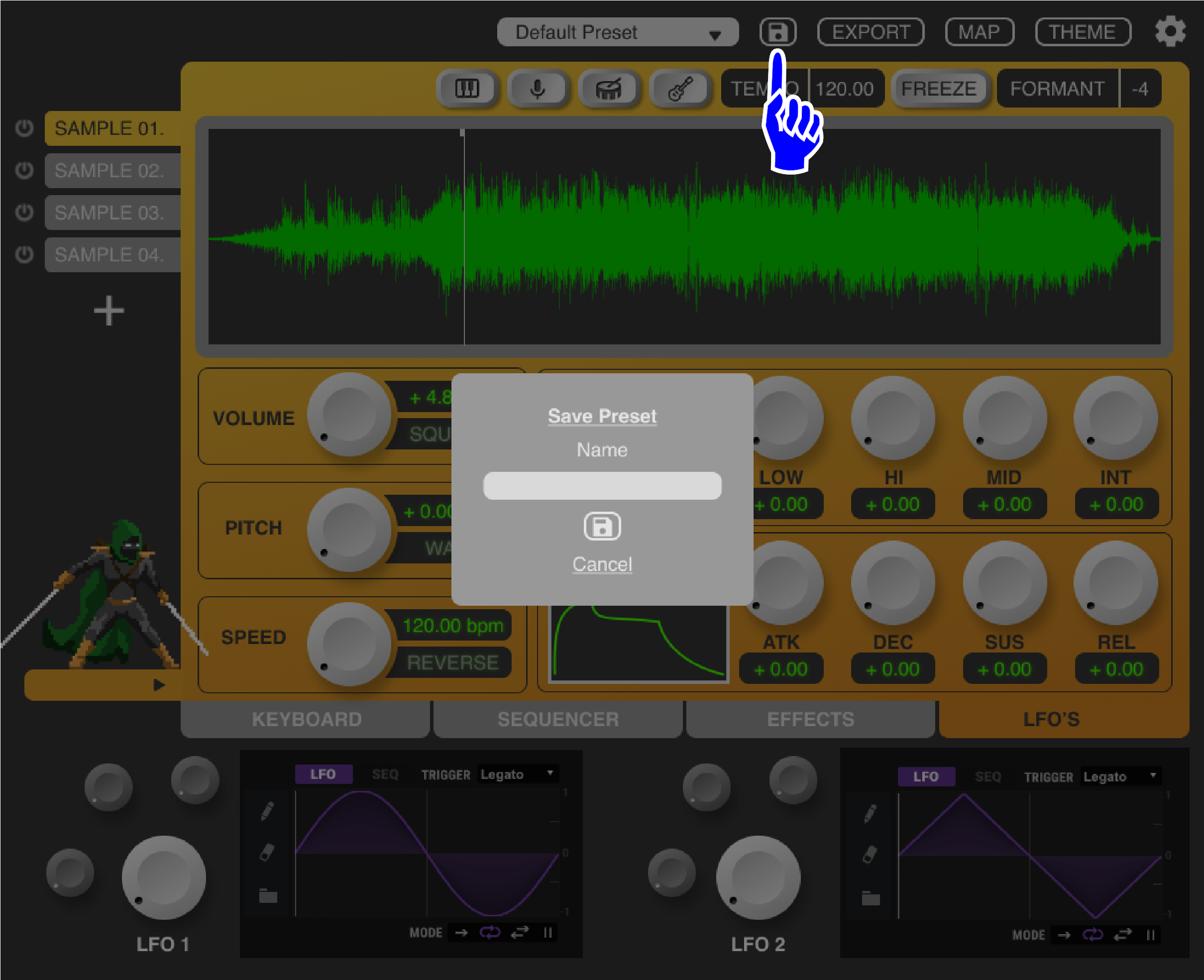 Users can press this button to save presets, allowing them to easily return at any time to instruments they have created or sample sets they use frequently within the plugin. Individual parameter settings will all be saved as well, reducing the amoun