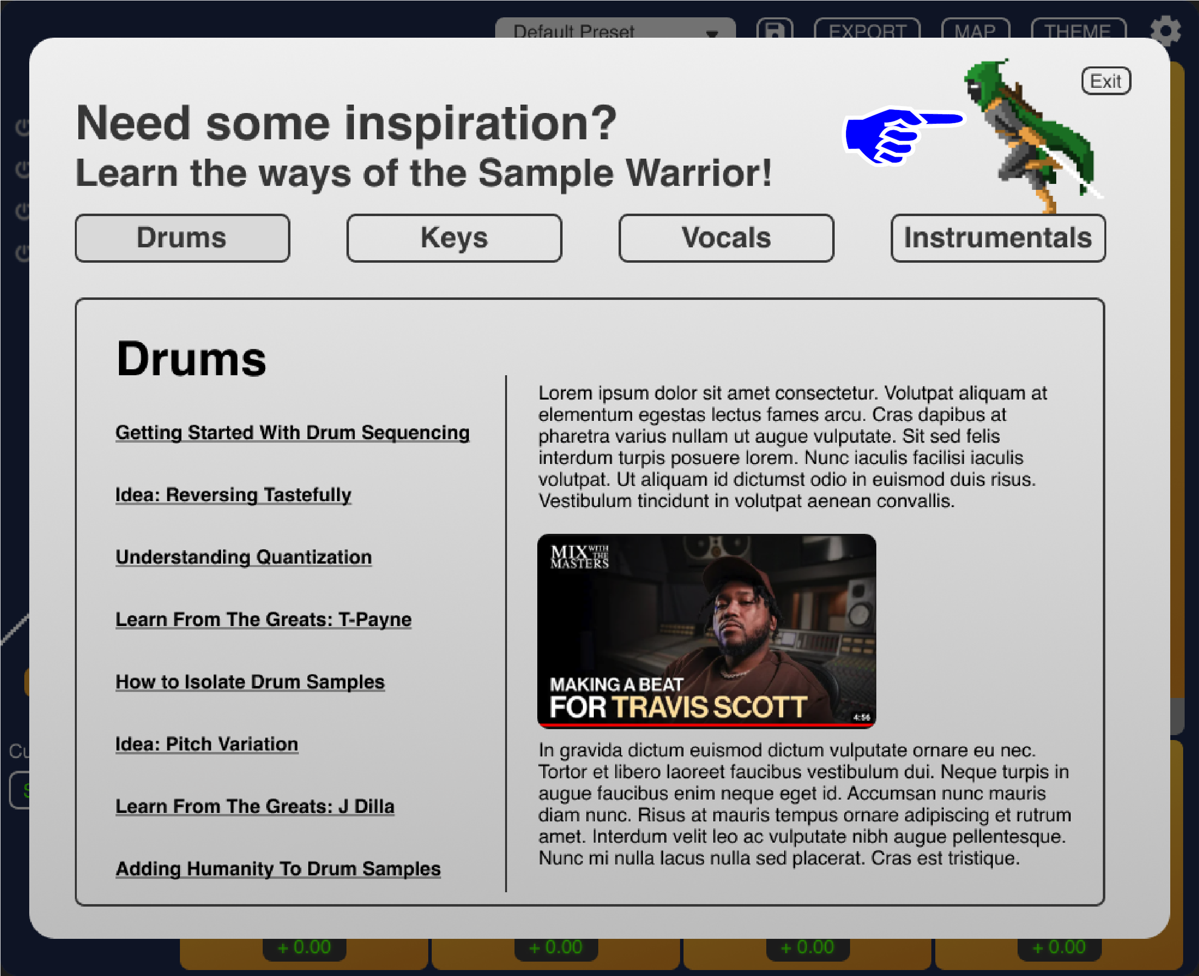 A new pop up is opened when clicking on the “warrior” character at the bottom left of the screen, It is a hub for resources designed to give users new ideas and foster creativity
