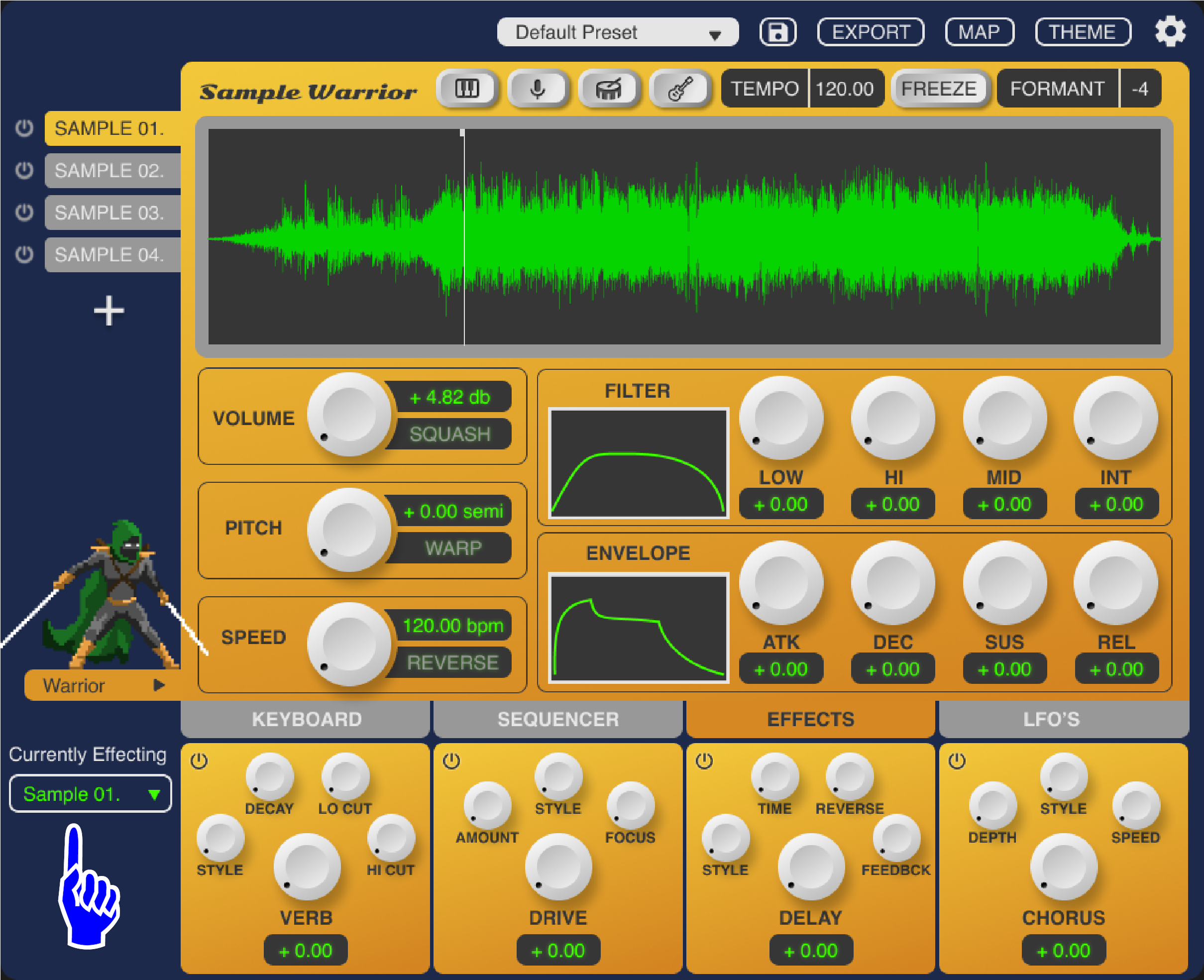 A drop down menu is added to the effects panel indicating which sample is currently being affected
