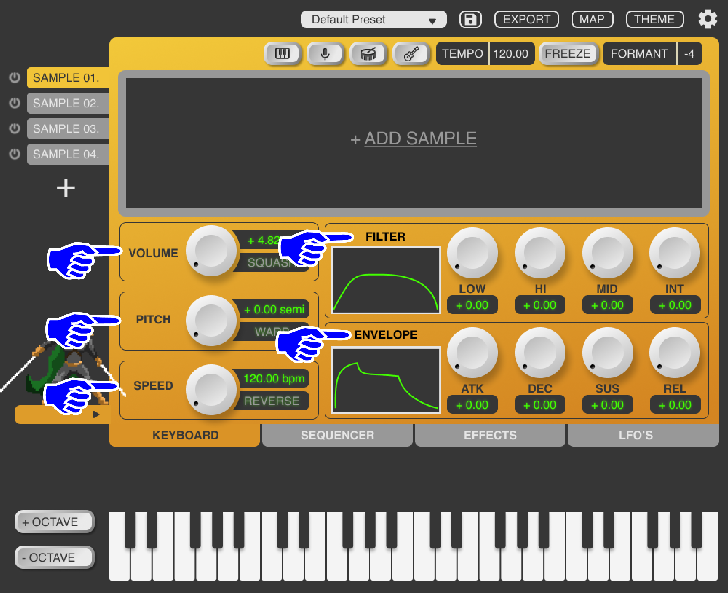 Only the most basic and important controls are prominently displayed on the main screen as big knobs, eliminating unnecessary noise and providing hierarchy to guide the user