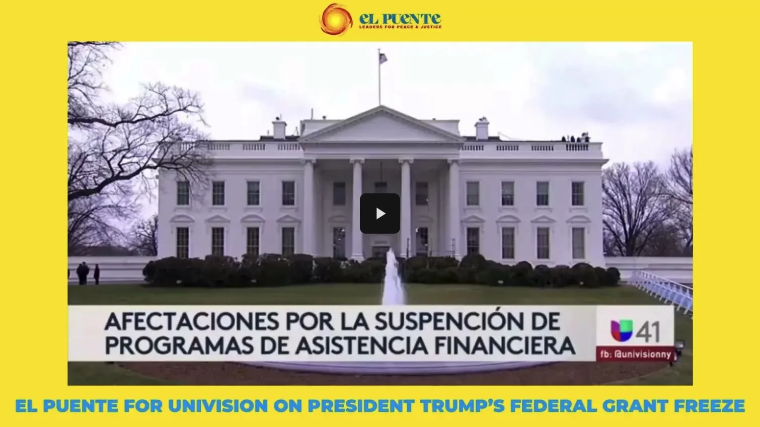 Image of the White House with text overlay in Spanish about suspension of financial assistance programs, alongside Univision and "El Puente" branding.