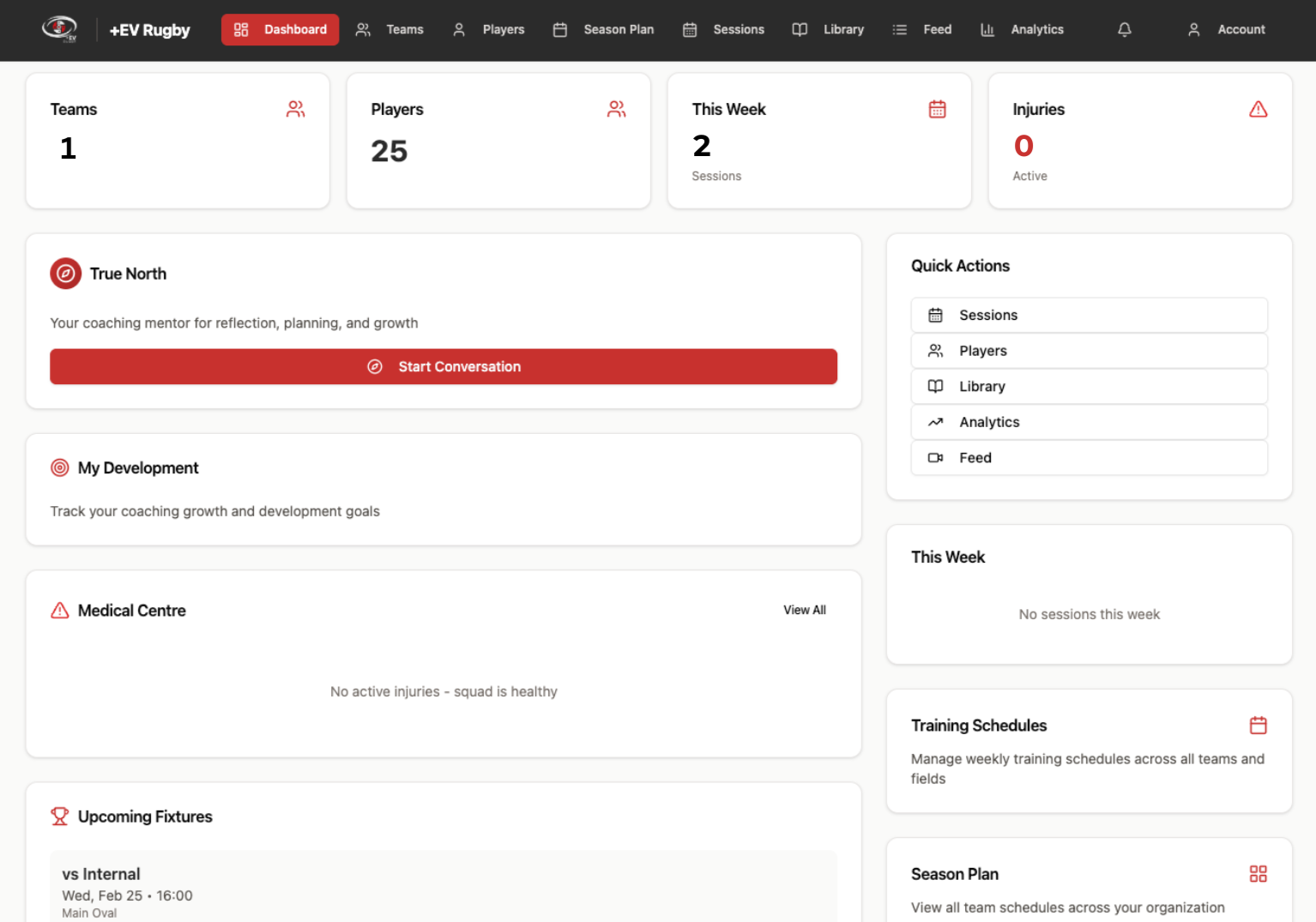 Dashboard webpage for EV Rugby with sections for teams, players, weekly sessions, injuries, coaching, medical, fixtures, and schedules. The top menu includes options for Dashboard, Teams, Players, Season Plan, Sessions, Library, Feed, Analytics, and Account.