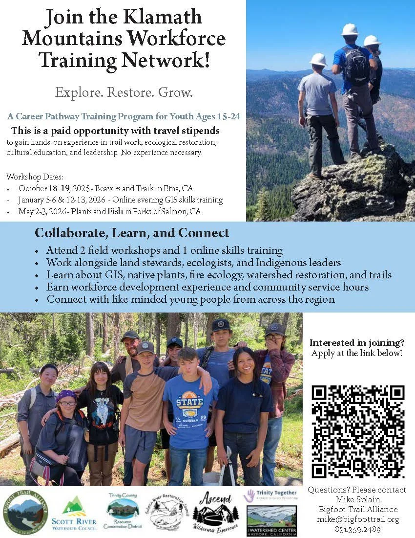 Join us for the upcoming Klamath Mountains Workforce Training workshops! Youth and young adults (ages 15-24) interested in natural resource career paths are invited to attend three workshops in three different locations. This is a paid opportunity wi