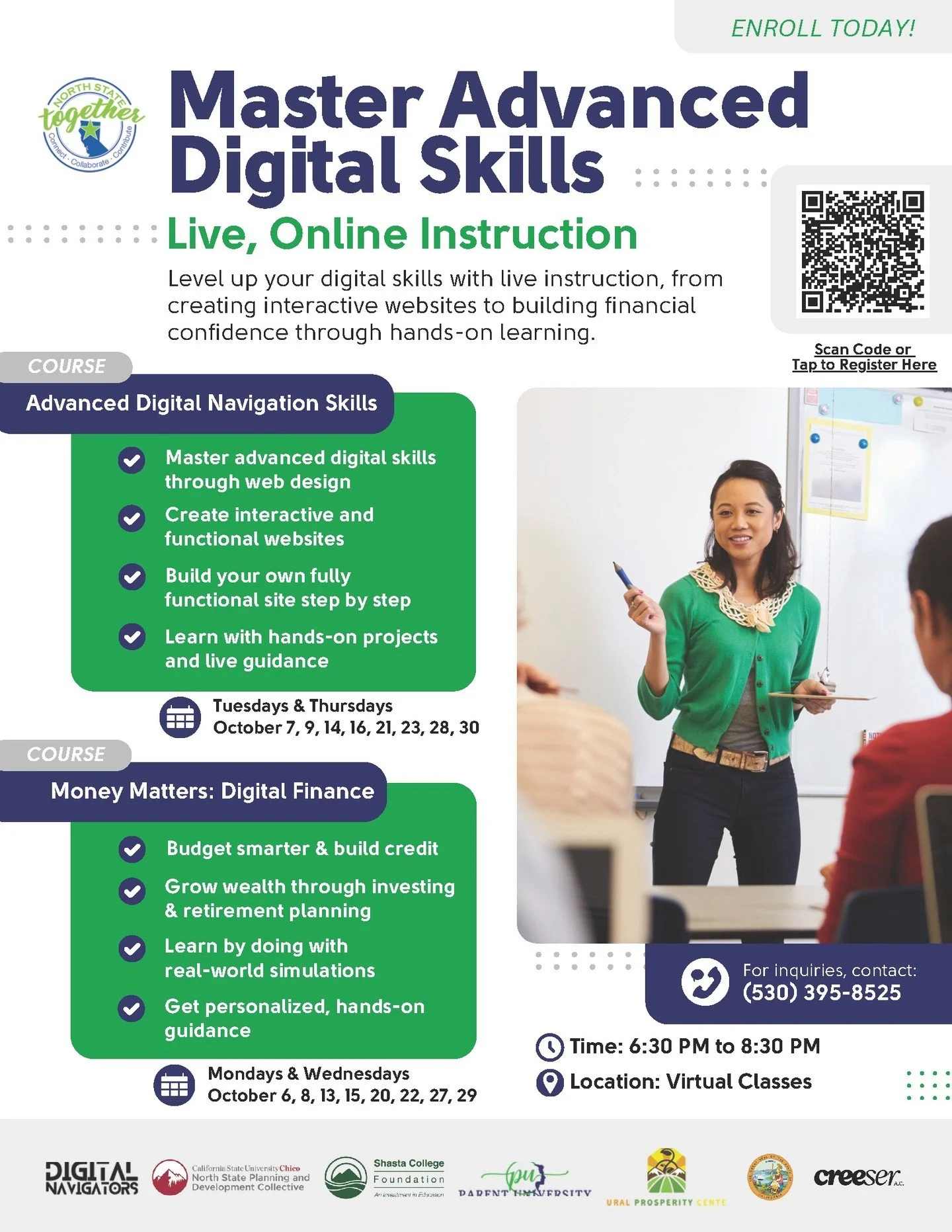 Through a collaborative, regional effort, Shasta College is proud to share these free trainings aimed at helping folks level up their digital literacy skills. 

Build your digital skills this fall with free online classes. October offerings include M