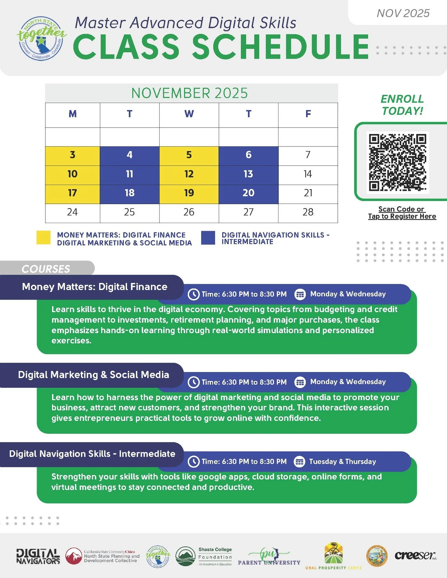 Shasta College Foundation, North State Together, and CSU Chico North State Planning and Development Collective are hosting FREE virtual digital literacy classes Mondays through Thursdays in November!

Courses include:
- Digital finance, covering topi