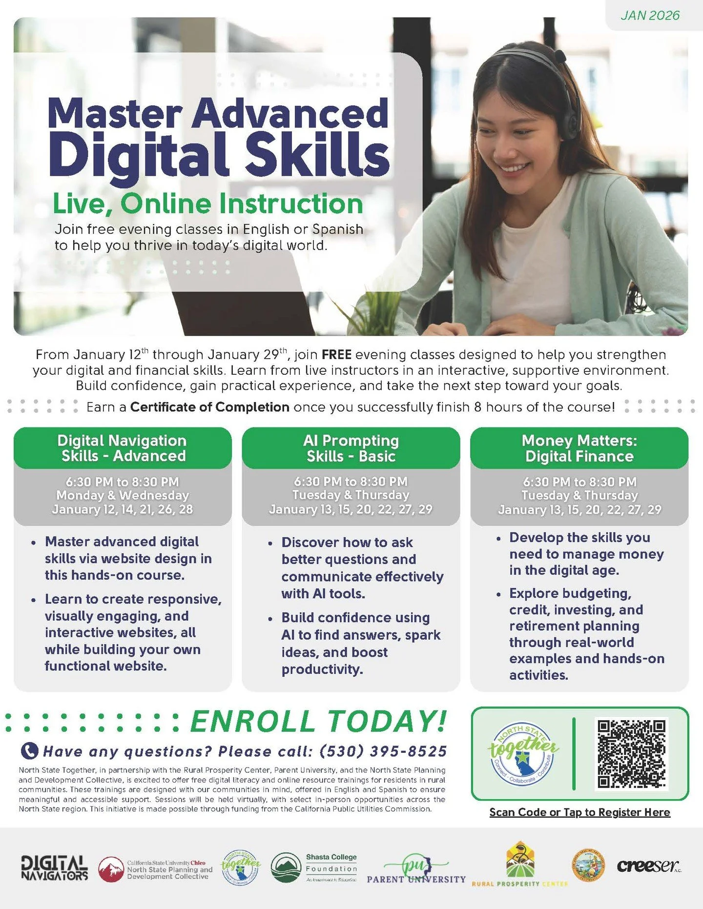 The FREE Digital Literacy workshops offered by North State Together will continue in January!

Upcoming lessons include website design, AI prompting tips and tricks, and crucially important financial literacy. Start the New Year by honing new skills!