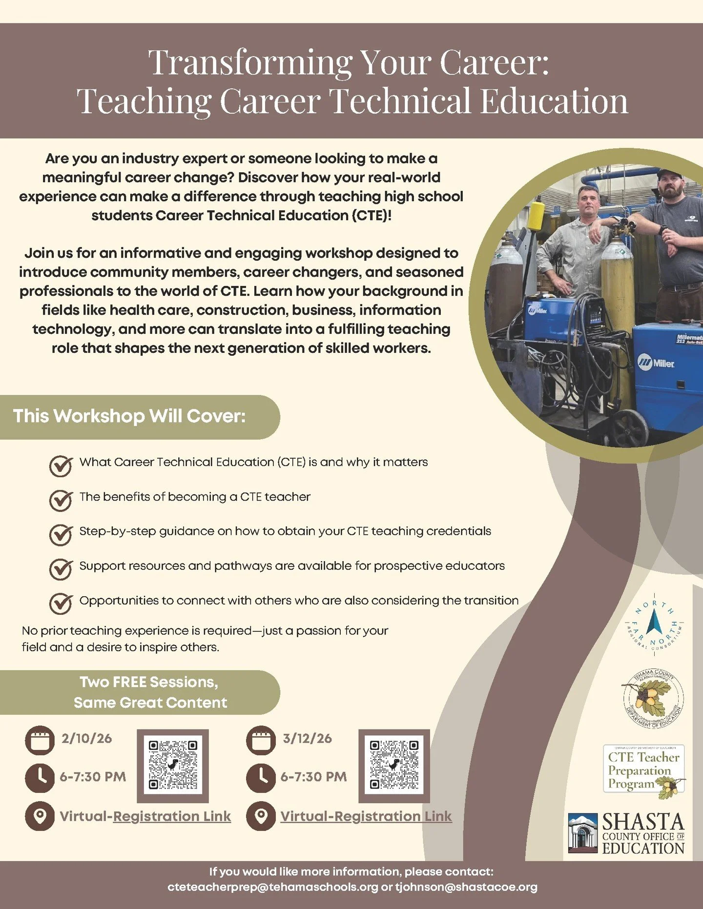Are you an industry professional with a passion for teaching your craft?

There&rsquo;s one more FREE Career Technical Education (CTE) workshop happening next week on Tuesday, March 12th from 6:00 - 7:30 PM.

This workshop will give an overview of CT