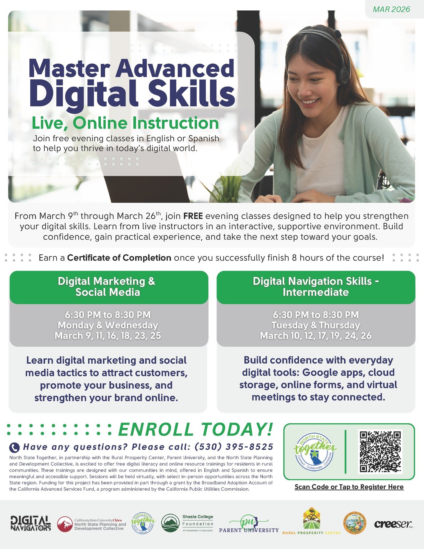 North State Together is offering FREE Digital Literacy workshops for the entire month of March, Monday through Thursday evenings from 6:30 to 8:30 PM.

Upcoming lessons dive deeper into digital navigation, marketing, and social media.

This series wi