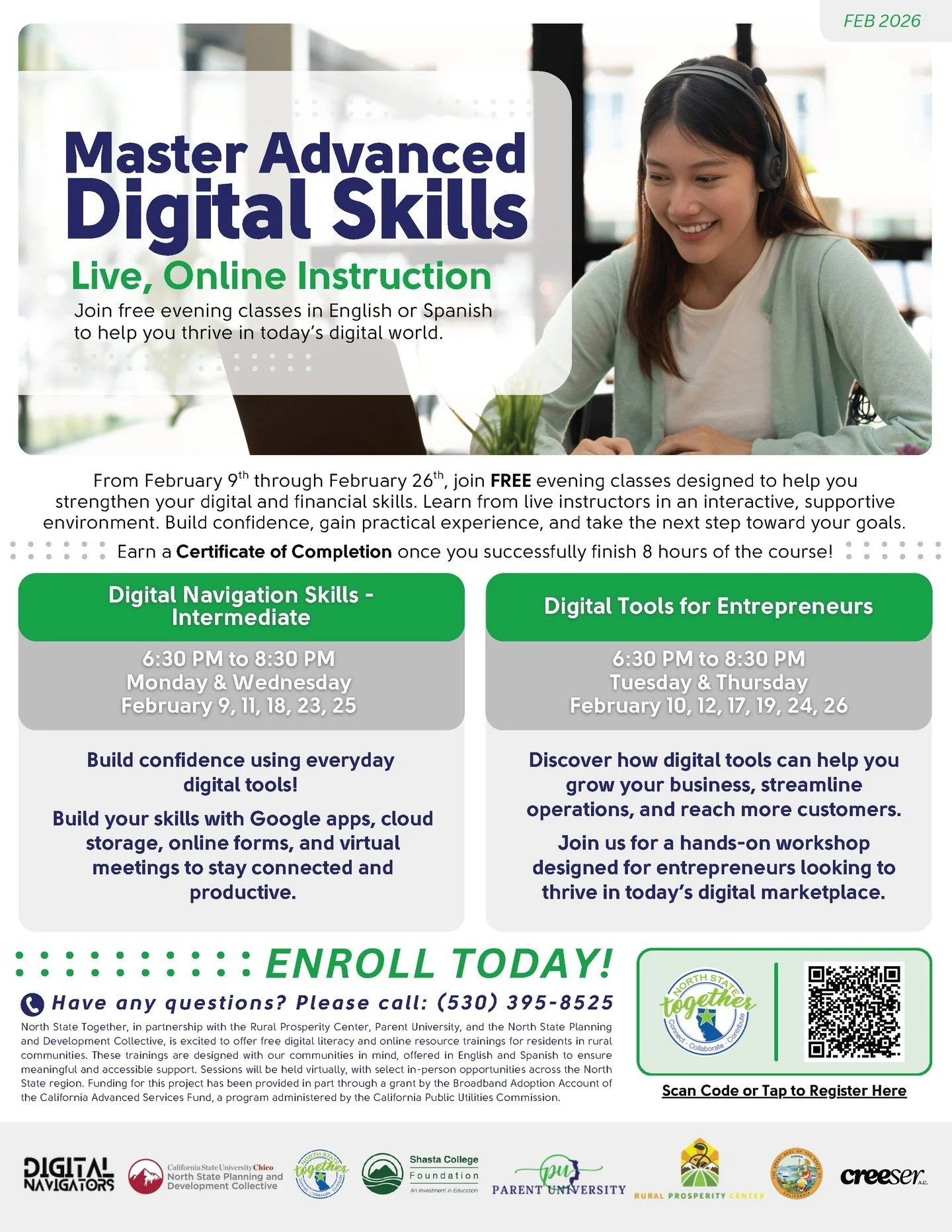 The FREE Digital Literacy workshops offered by North State Together are still available throughout February, Monday through Thursday evenings from 6:30 to 8:30 PM.

Upcoming lessons encompass Google apps, cloud storage, online forms, virtual meetings