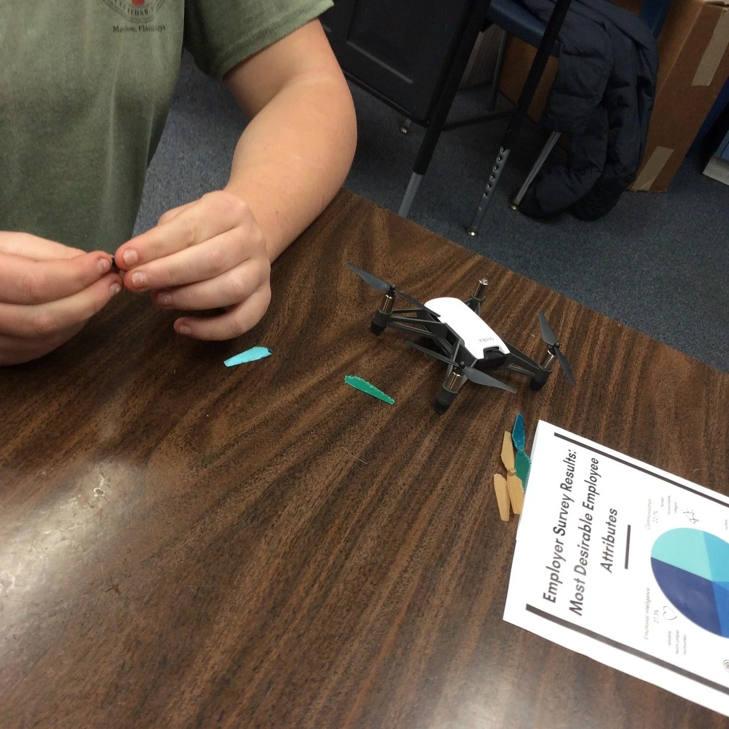 Sometimes hands-on learning leads to hands-on repairs!

A student at Trinity Center Elementary School, working through the flight and drone technology Paxton/Patterson module, got rather sporty one day and accidentally crashed the drone into a nearby