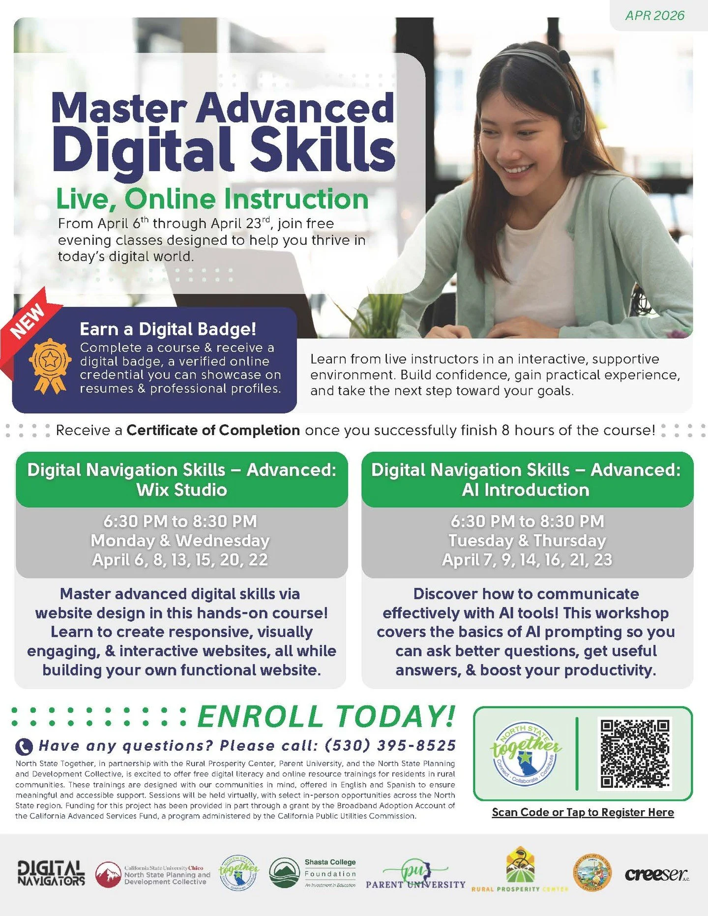 FREE Digital Literacy workshops are still being offered by North State Together! Every Monday through Thursday evening in April you can learn about Wix studio and website design more broadly or how to use AI effectively. Classes take place from 6:30 