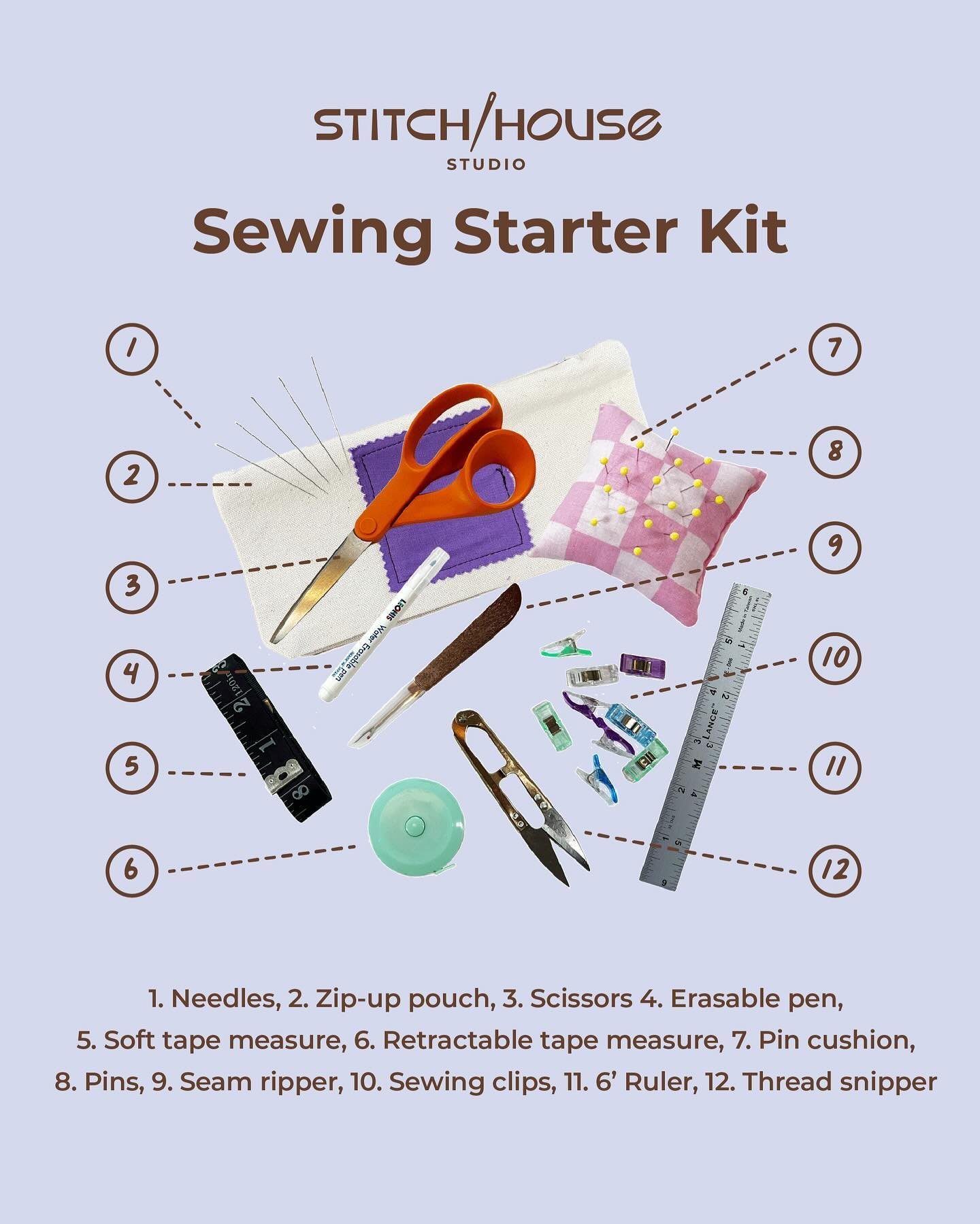Did you know that our Kid and Teen Beginner Sewing Courses include our Stitch House Starter Kit? Our studio is a space where you can come learn and create with everything provided for you. From sewing machines and notions to this handy little kit tha
