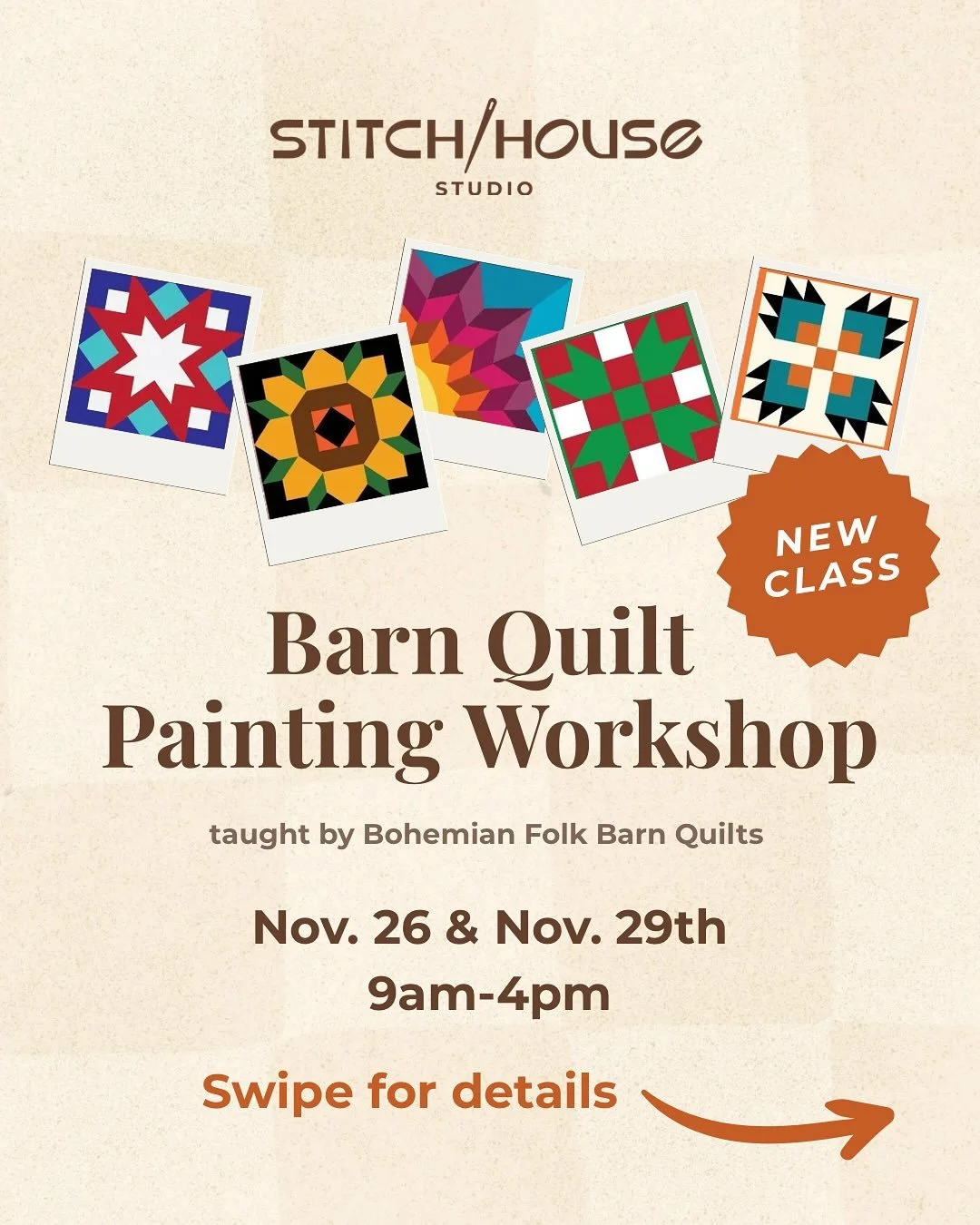 Come spend a day with folk artist Jennifer Wilkerson of Bohemian Folk Barn Quilts!
Beginners are welcome, you choose your design and size, supplies are provided, and lunch is included. Just show up and be ready to get creative 🎨 🤍 🧵
We&rsquo;re so