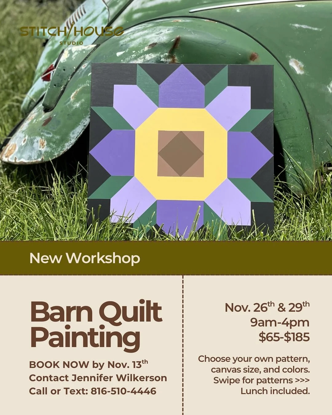✨ Only 3 days left to get a spot!✨
Come spend a day with folk artist Jennifer Wilkerson of Bohemian Folk Barn Quilts
Beginners are welcome, you choose your design and size, supplies are provided, and lunch is included. Just show up and be ready to ge