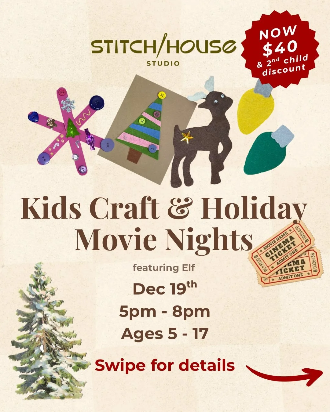 This Friday!! ✨🎥🎄🍿 
Join us for some crafting and Elf! Now $40 for 3 hours of fun, plus a 15% discount for each additional child when booked together ✨ Bring a friend, sibling, or a food donation for our food drive! ❤️ 
Swipe for the details 
To b