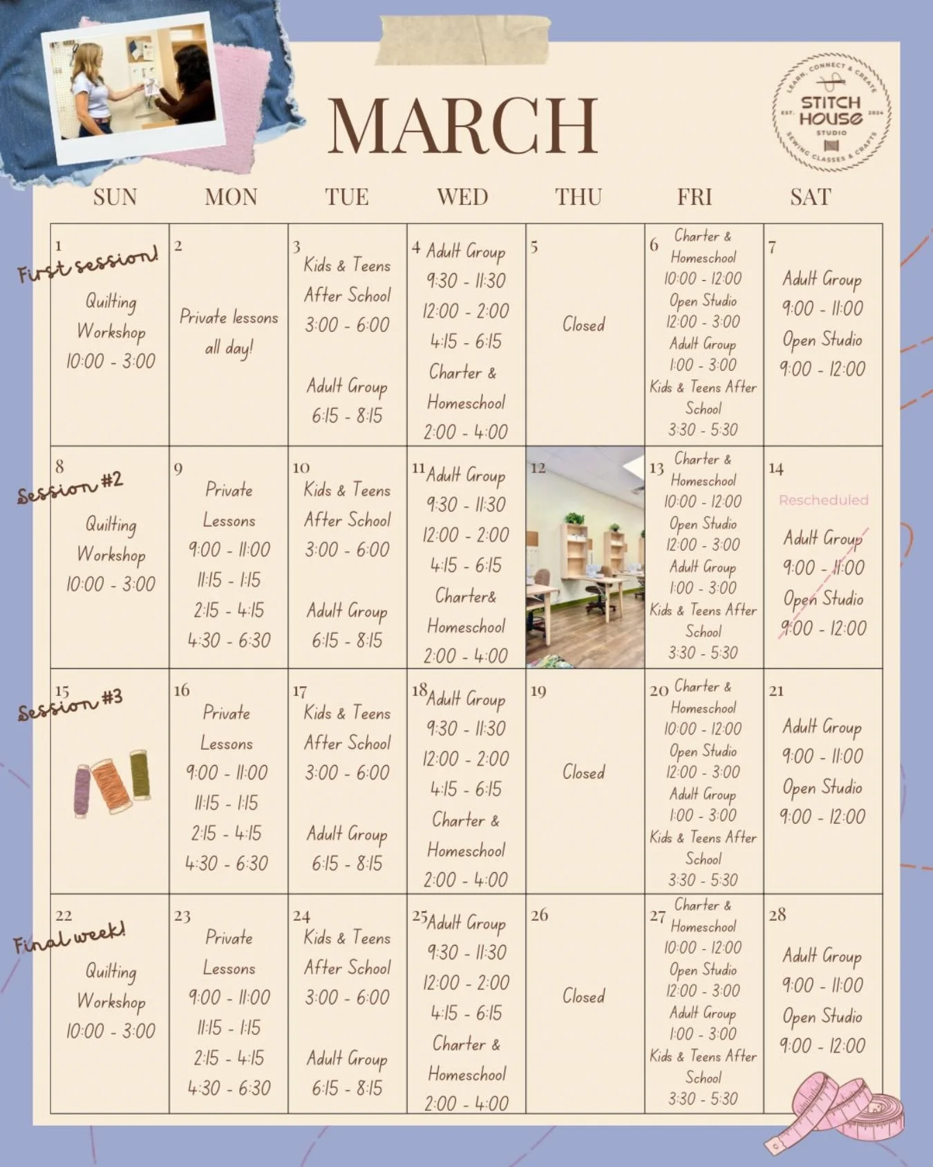 Happy March 🌈🍀🌞 This is what our schedule looks like this month
Sign up now to get the full 4 weeks, and before our classes fill up!

On Sundays we now have a quilting workshop hosted by textile &amp; quilt artist Carrie Olsen. This month is full 