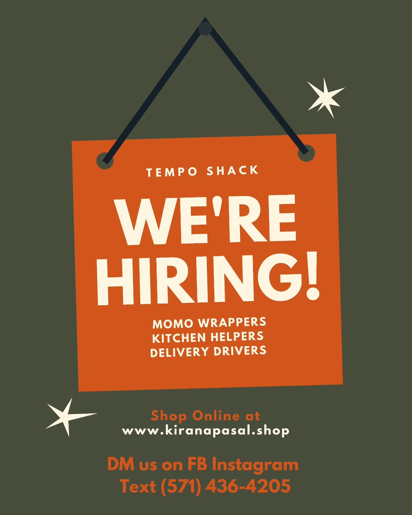 DM us or TEXT us to APPLY ‼️

Momo Wrappers
Kitchen Helpers
Delivery Drivers

We're getting ready for our Grand Opening. 
Stay Tuned for more updates this month 🙌