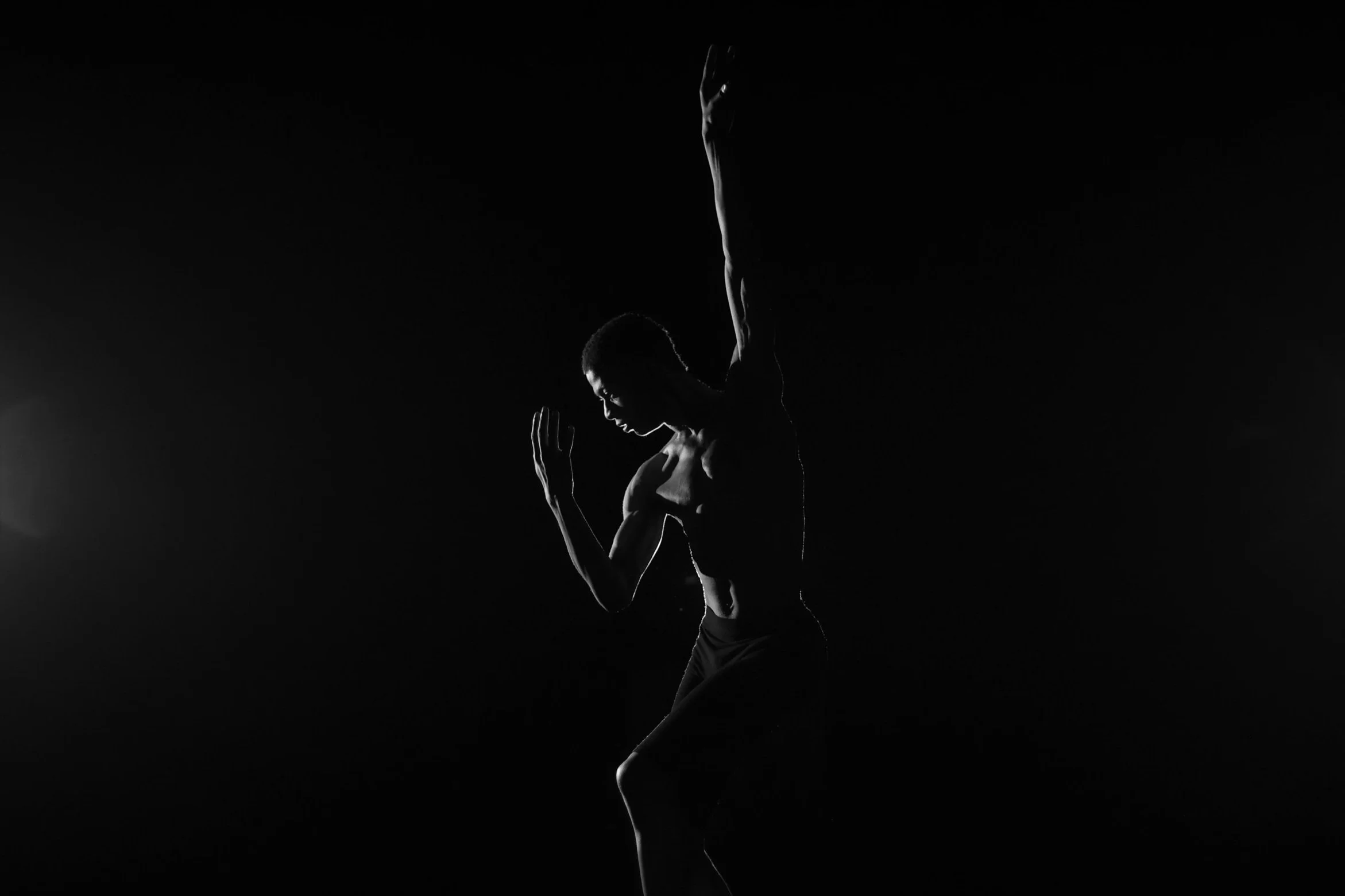 Silhouette of a person dancing or performing with one arm raised and the other bent, against a black background.