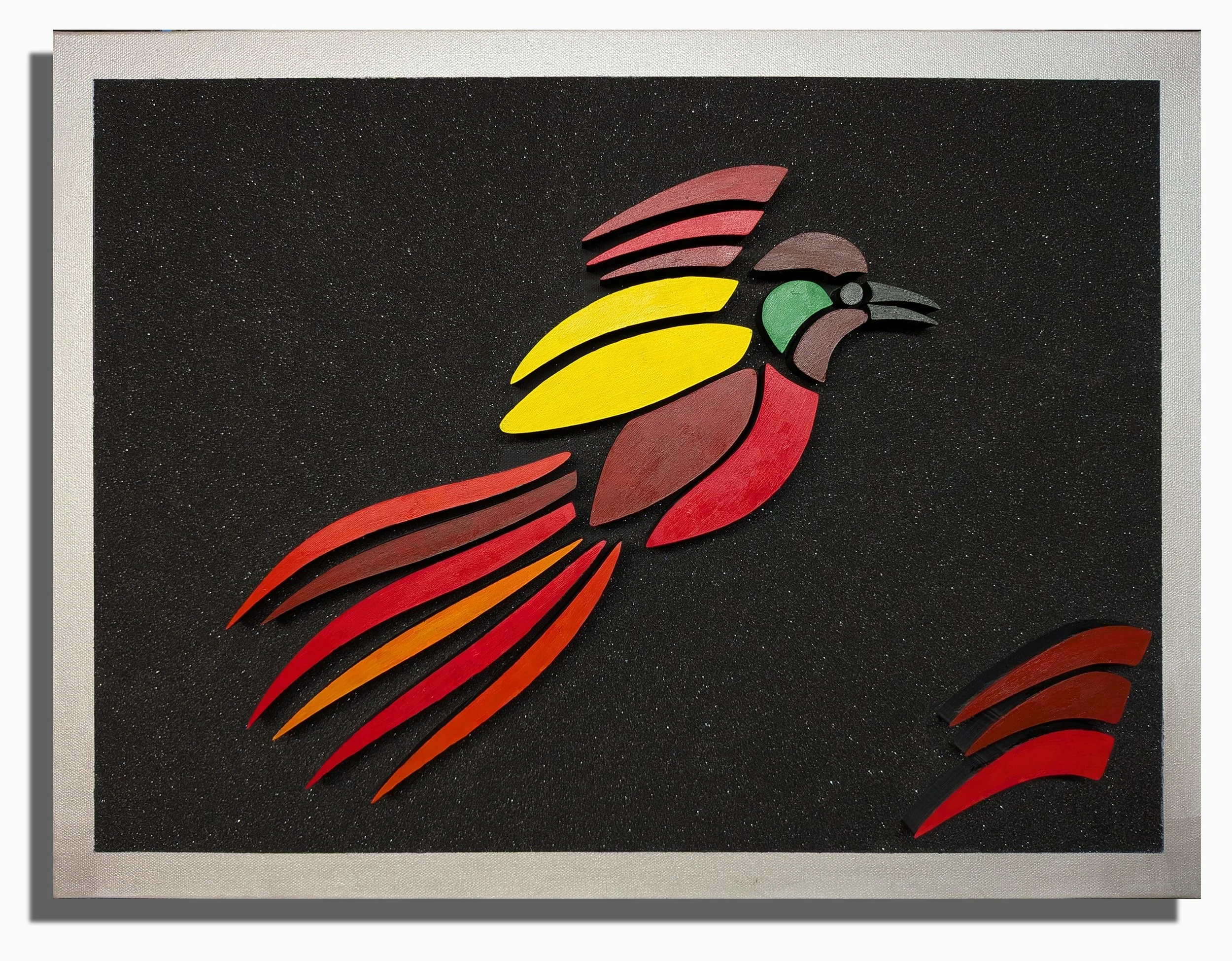 Bird of Paradice 3 - 18" x 24" x2" - Acrylic painted mosaic on black sand