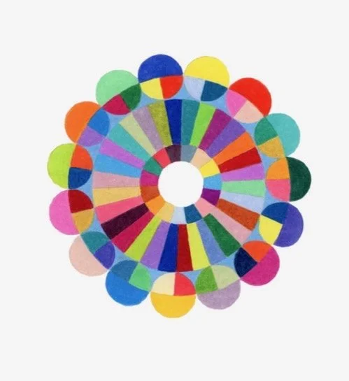 Colorful circular rainbow color wheel with various sections and outer circles on a white background.