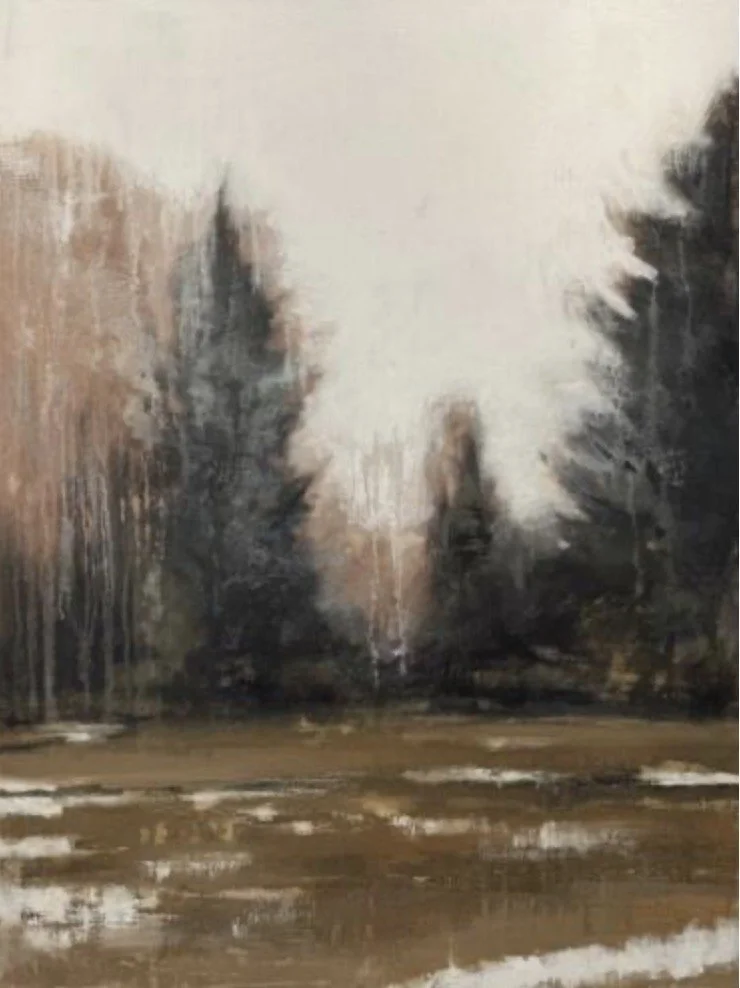 A landscape painting of a field with trees in the foreground and a distant body of water or hills in the background.
