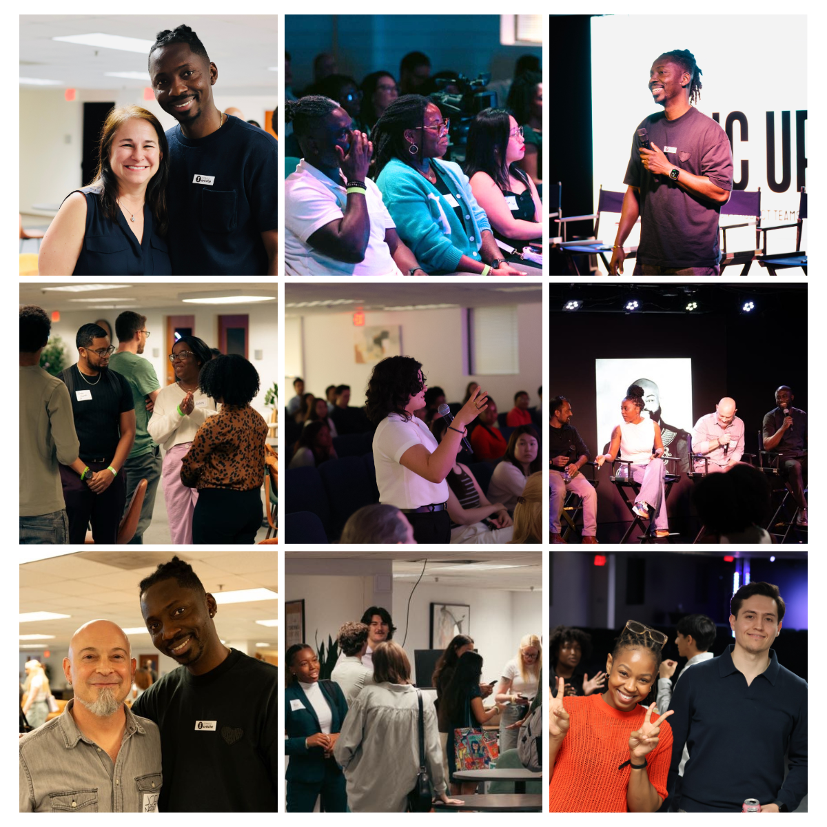 Collage of people at a conference or panel discussion, engaging in conversations, listening to speakers, and taking photos in various indoor settings.
