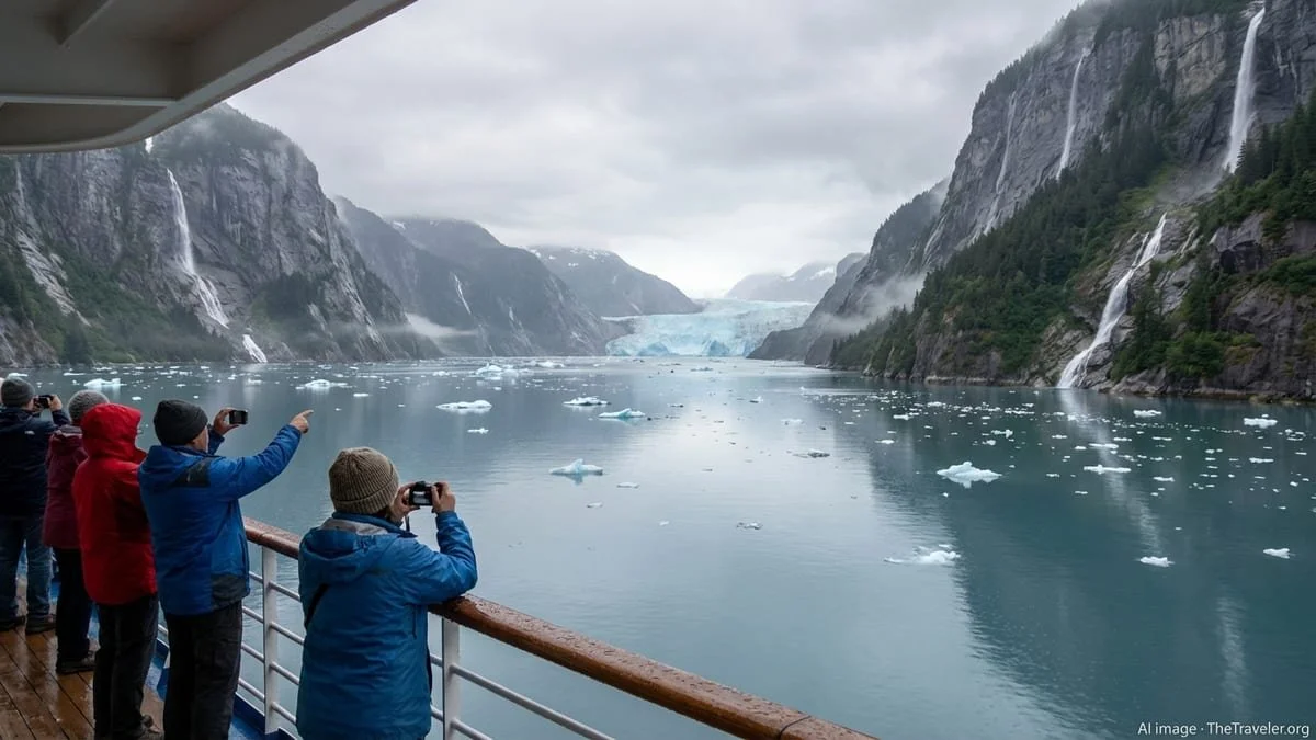 A scenic view of a turquoise fjord surrounded by steep, rugged mountains with patches of green vegetation, some snow on the peaks, and a glacier visible in the distance under a partly cloudy sky.