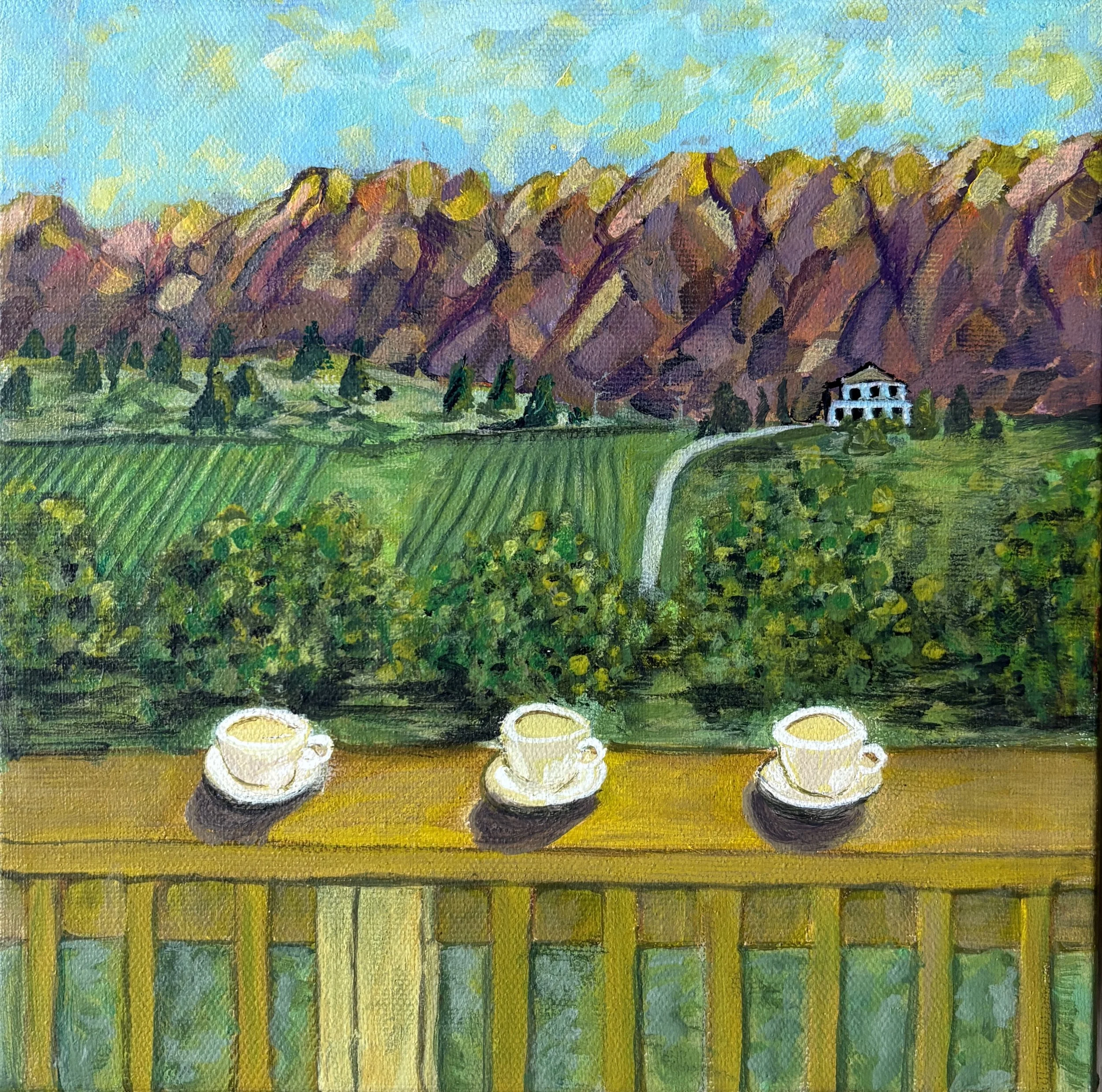 THREE CUPS OF COFFEE, acrylic on canvas 8"X 8", donated to B1 Gallery Fundraiser, April 2026