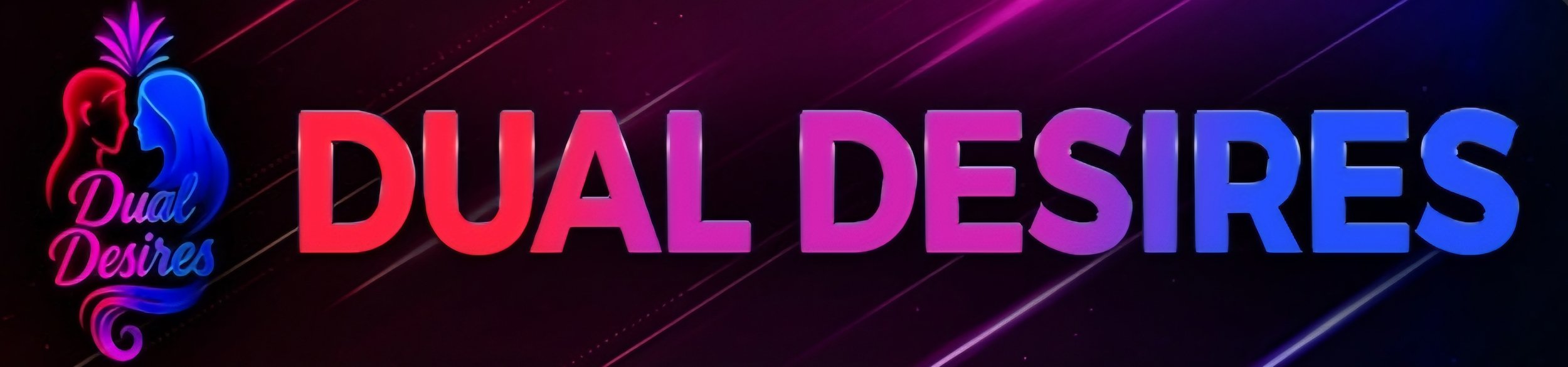 Colorful neon sign with the words "Dual Desires" in pink and purple, featuring a graphic of two faces, one in pink and one in blue, facing each other with flowing hair.