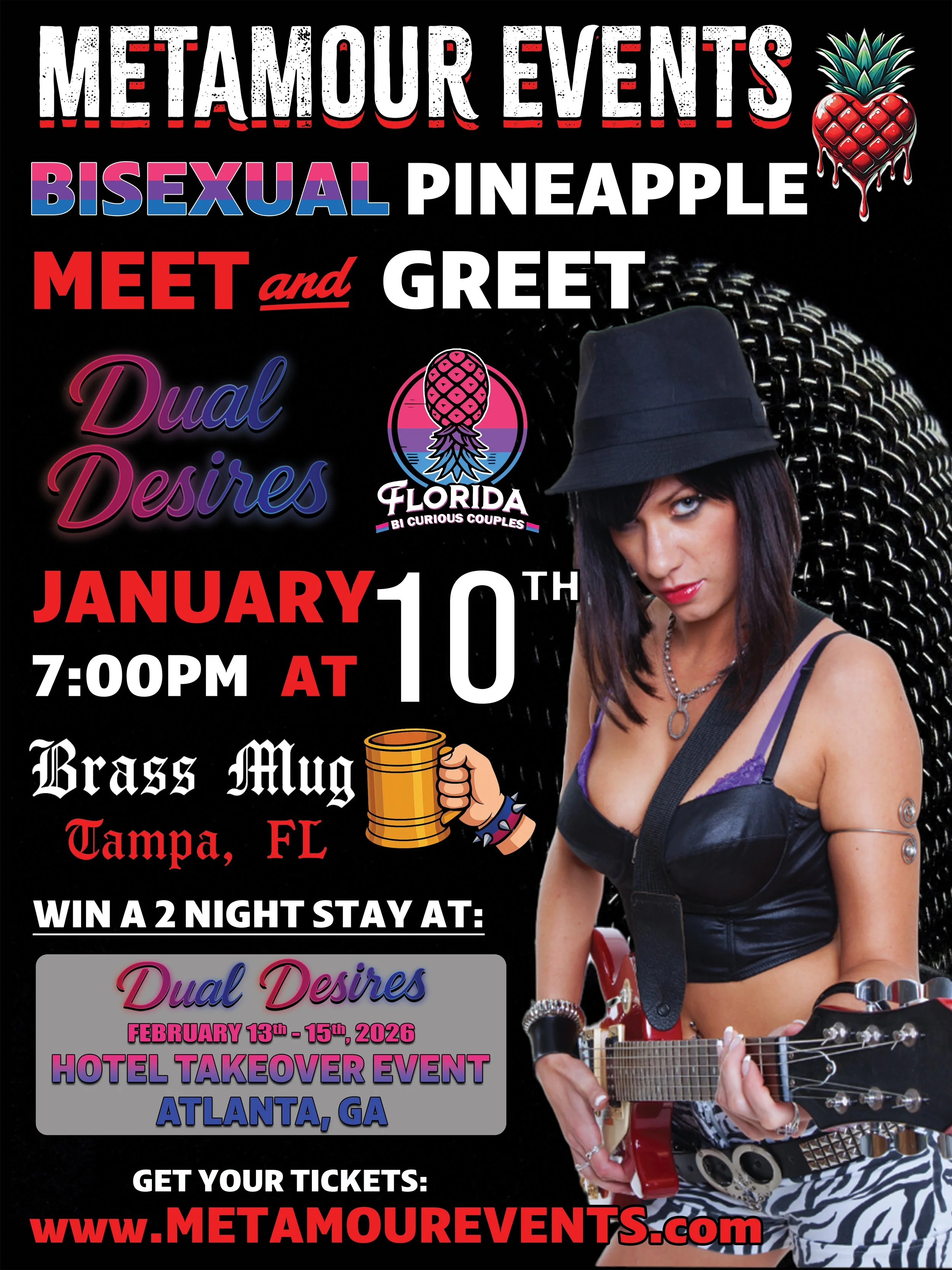 A promotional poster for the Metamour Events Bisexual Pineapple Meet and Greet. The event is scheduled for January 10th at 7:00 PM at Brass Mug in Tampa, FL. The poster features a woman wearing a black hat, holding a guitar, with vibrant colorful text and graphics, including a pineapple logo and a cartoon arm holding a mug.