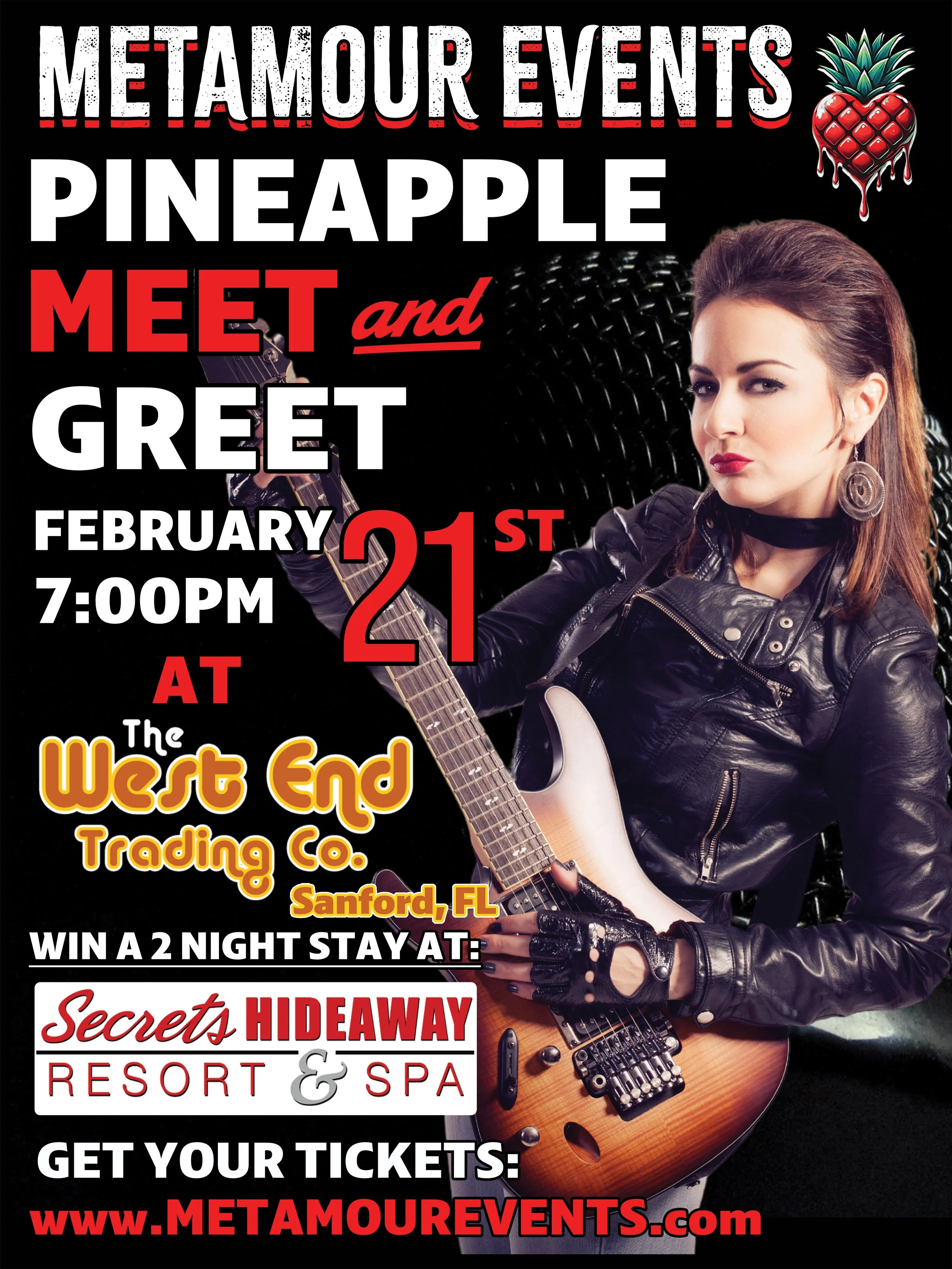 Promotional poster for Metamour Events featuring a woman with long brown hair, wearing a black leather jacket, holding an electric guitar, with event details, a pineapple with a drip design, and a black background.
