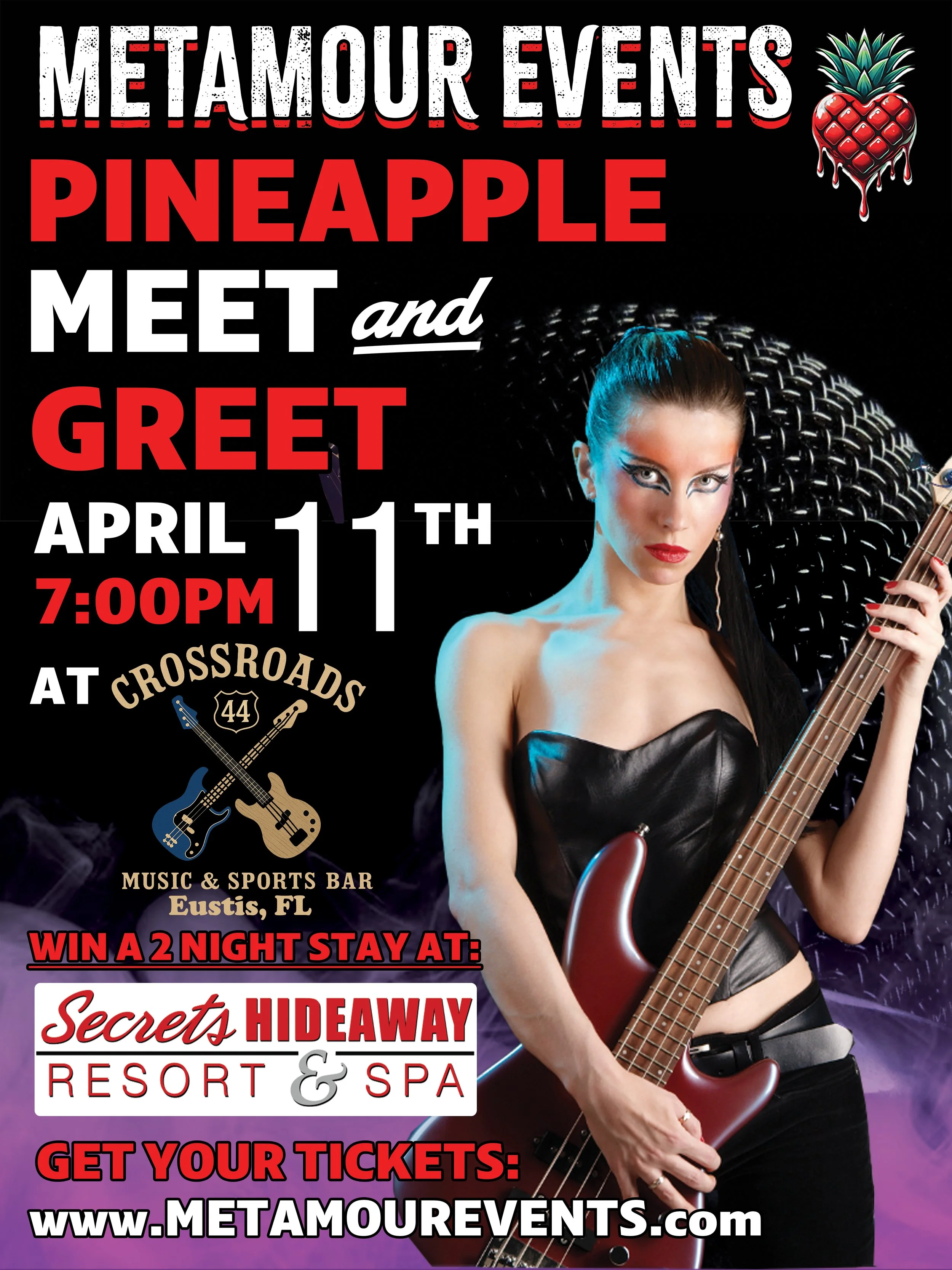 A promotional poster for a Metamour Events meet and greet with a woman holding a bass guitar, featuring event details for April 11th at CrossRoads Music & Sports Bar in Eustis, FL, with a graphic of a dripping pineapple and a raspberry integrated into the design.