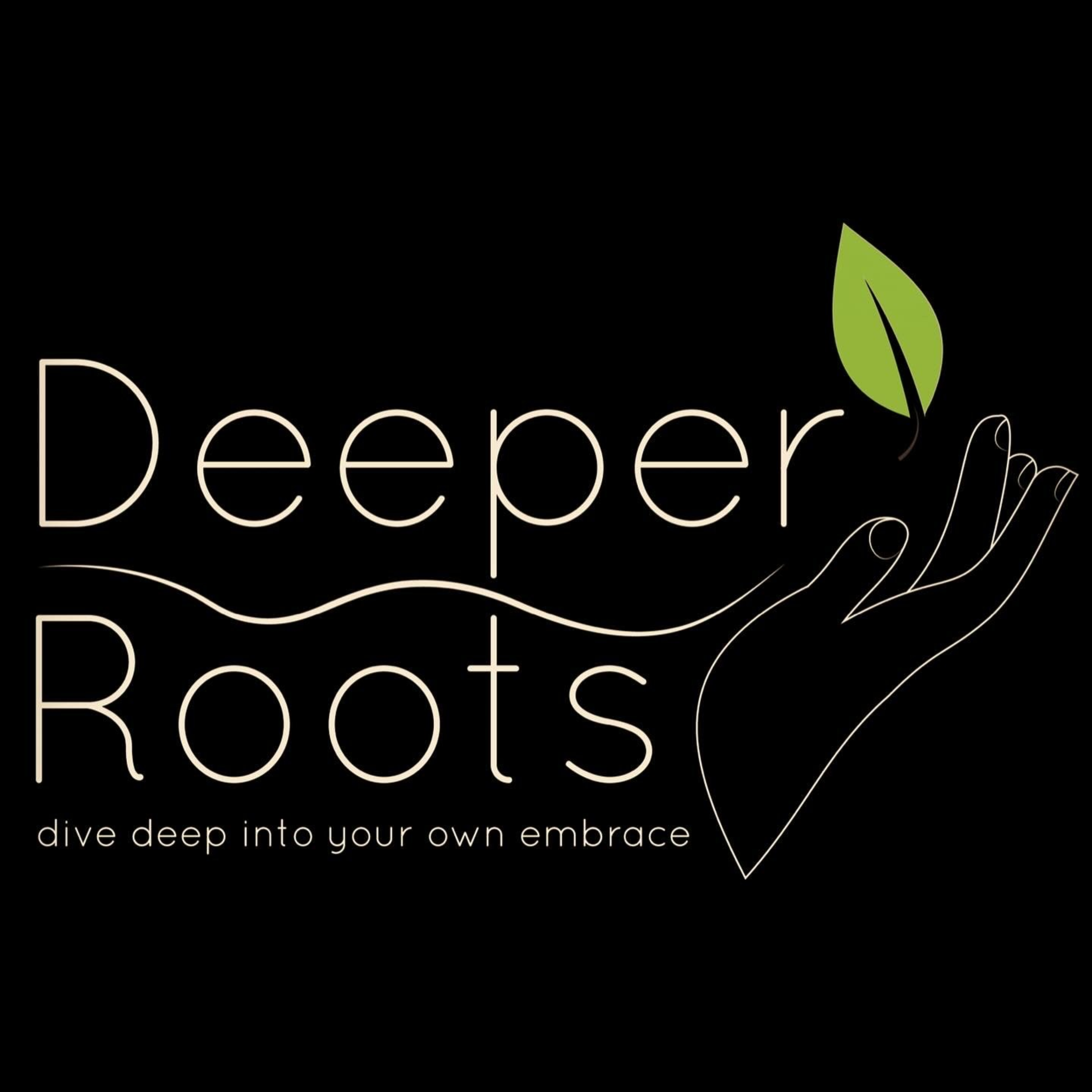 Logo for Deeper Roots with a minimalist line drawing of a hand holding a green leaf and the tagline 'dive deep into your own embrace'.